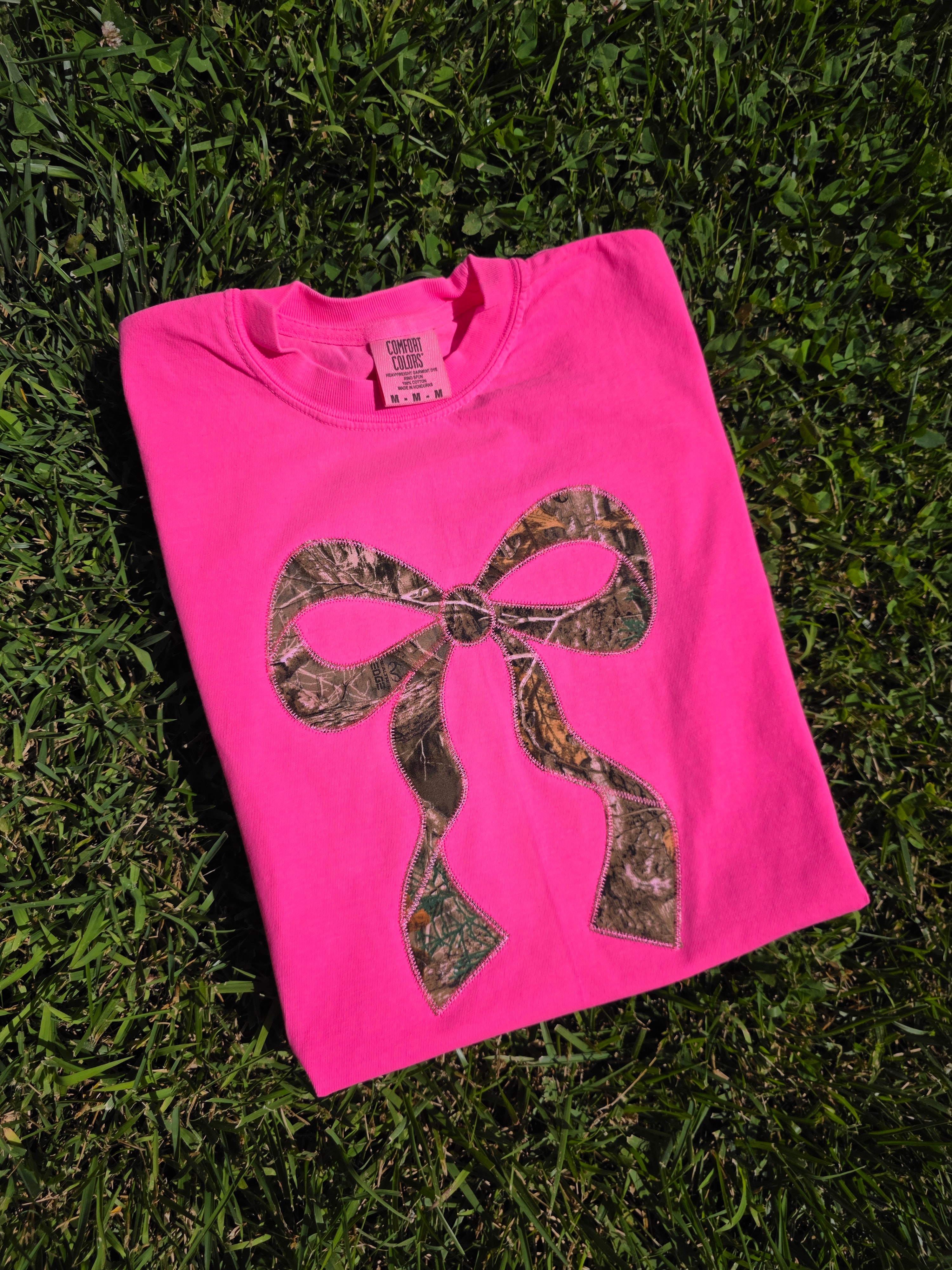 Realtree Edge Camouflage Applique Bow Preppy Embroidered Neon Comfort Color Short Sleeve Shirt