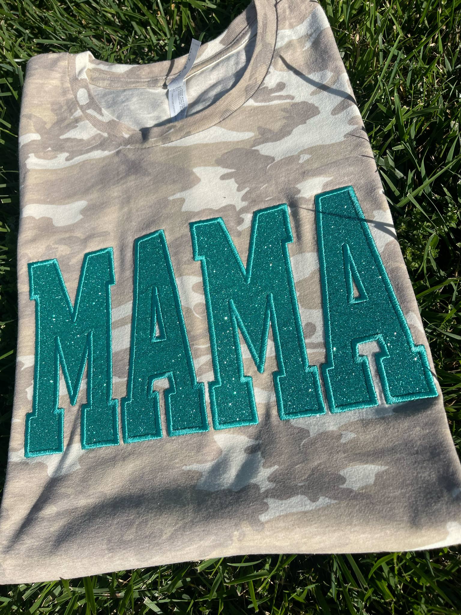 Natural or Vintage Camo Custom Mama or Mascot Glitter Applique Embroidered Shirt