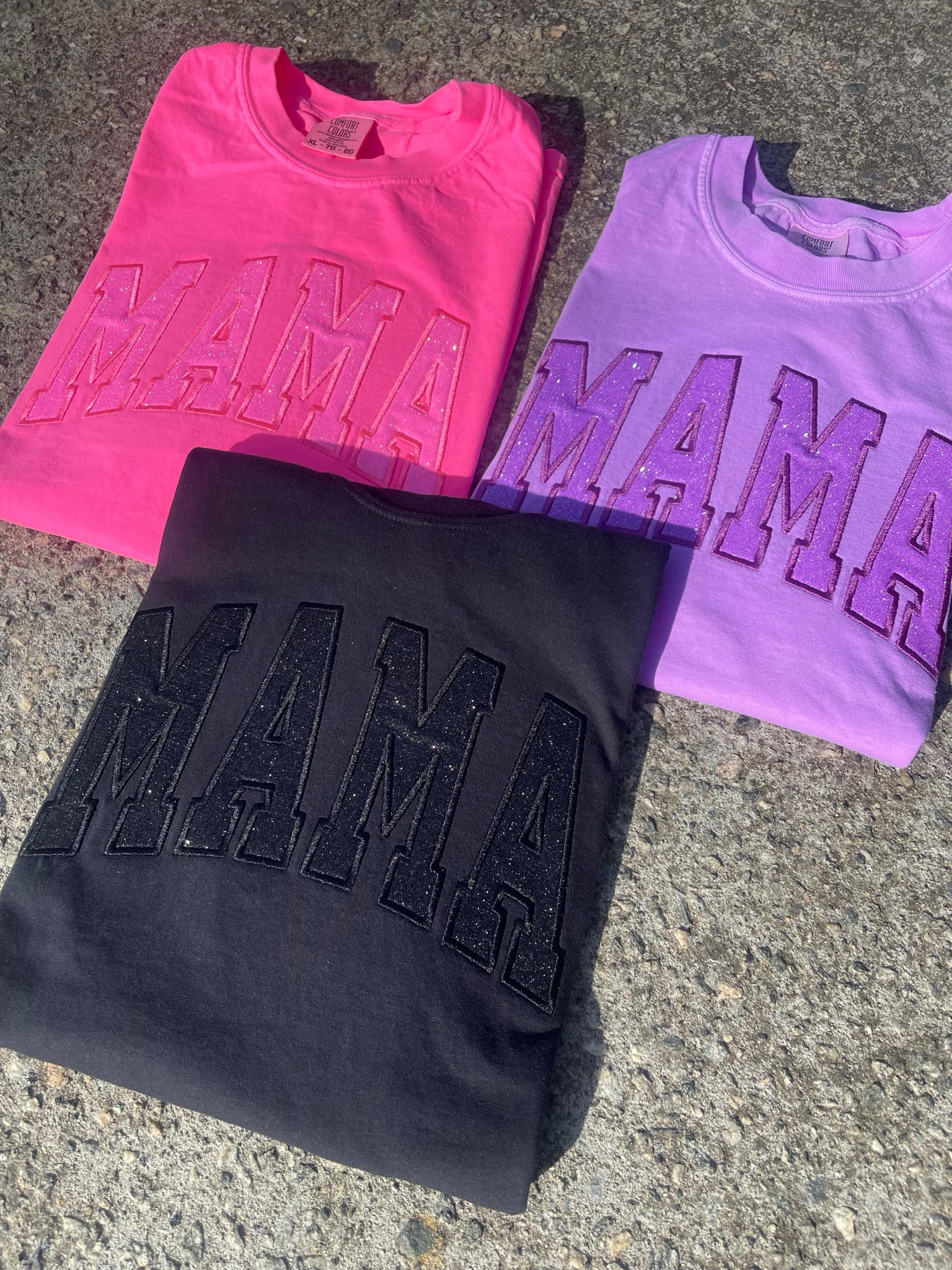 Custom Mama Glitter Applique Embroidered Comfort Color Short Sleeve Shirt