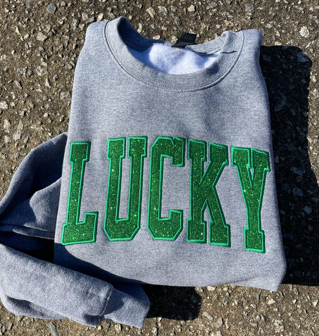 Lucky Varsity Glitter Applique Embroidered Sweatshirt