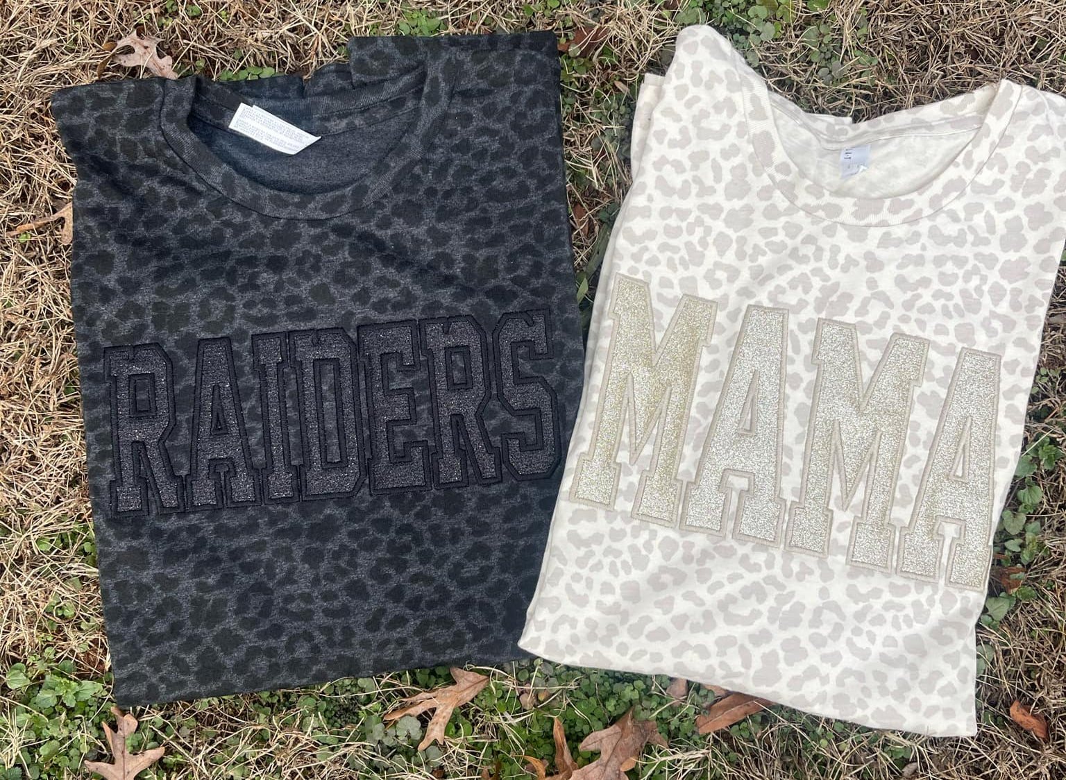 Natural or Black Leopard Custom Mama or Mascot Glitter Applique Embroidered Shirt