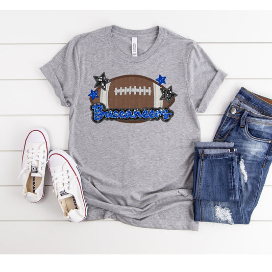 Blue Buccaneers Football Faux Applique and Glitter Graphic Tee