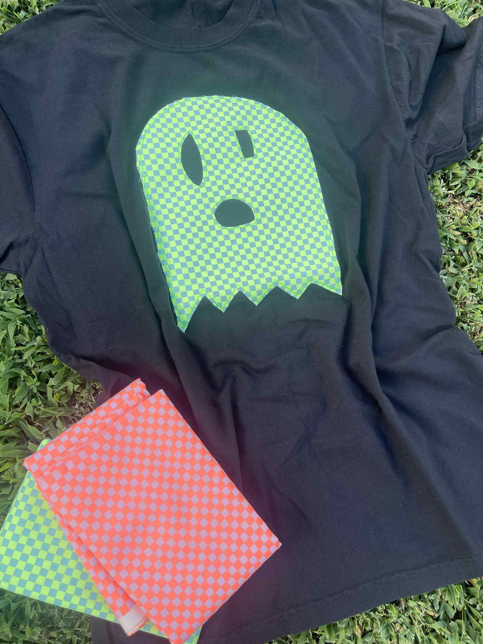 Neon Checkered Ghost Embroidered Tee