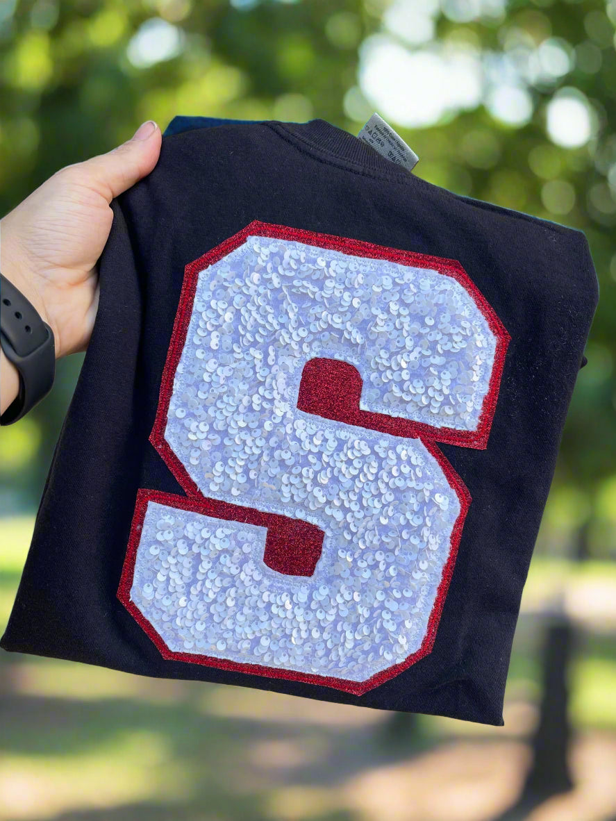 Custom Varsity Collegiate Letter Chunky Sequins and Glitter Applique Embroidered Shirt | Choose Your Initial & Colors