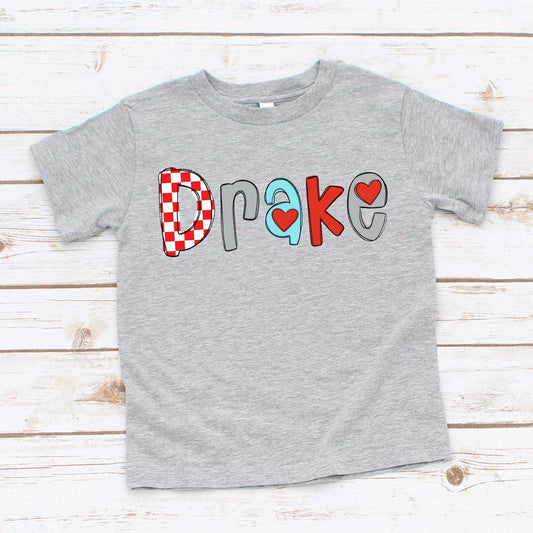 Custom Cute Hearts Name DTF Transfer - Checker/Grey/Red