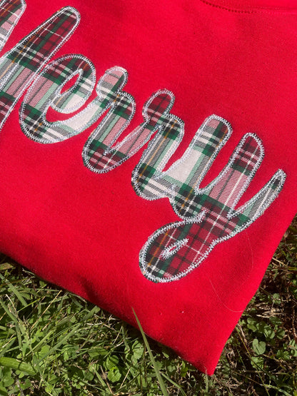 Merry Plaid Fabric Applique with Optional Side Bows Christmas Holiday Embroidered Sweatshirt