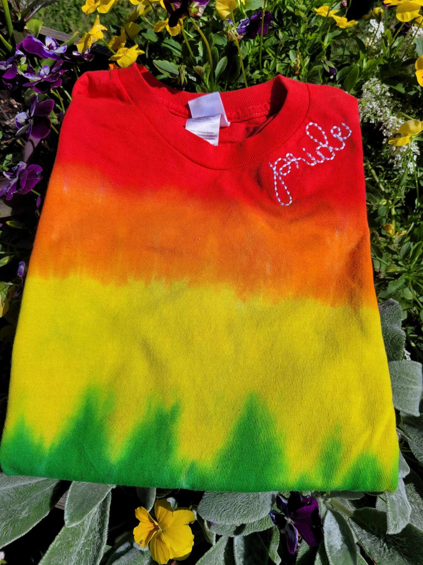 Pride Bean Stitch Embroidery Neckline Rainbow Tie Dye T-Shirt