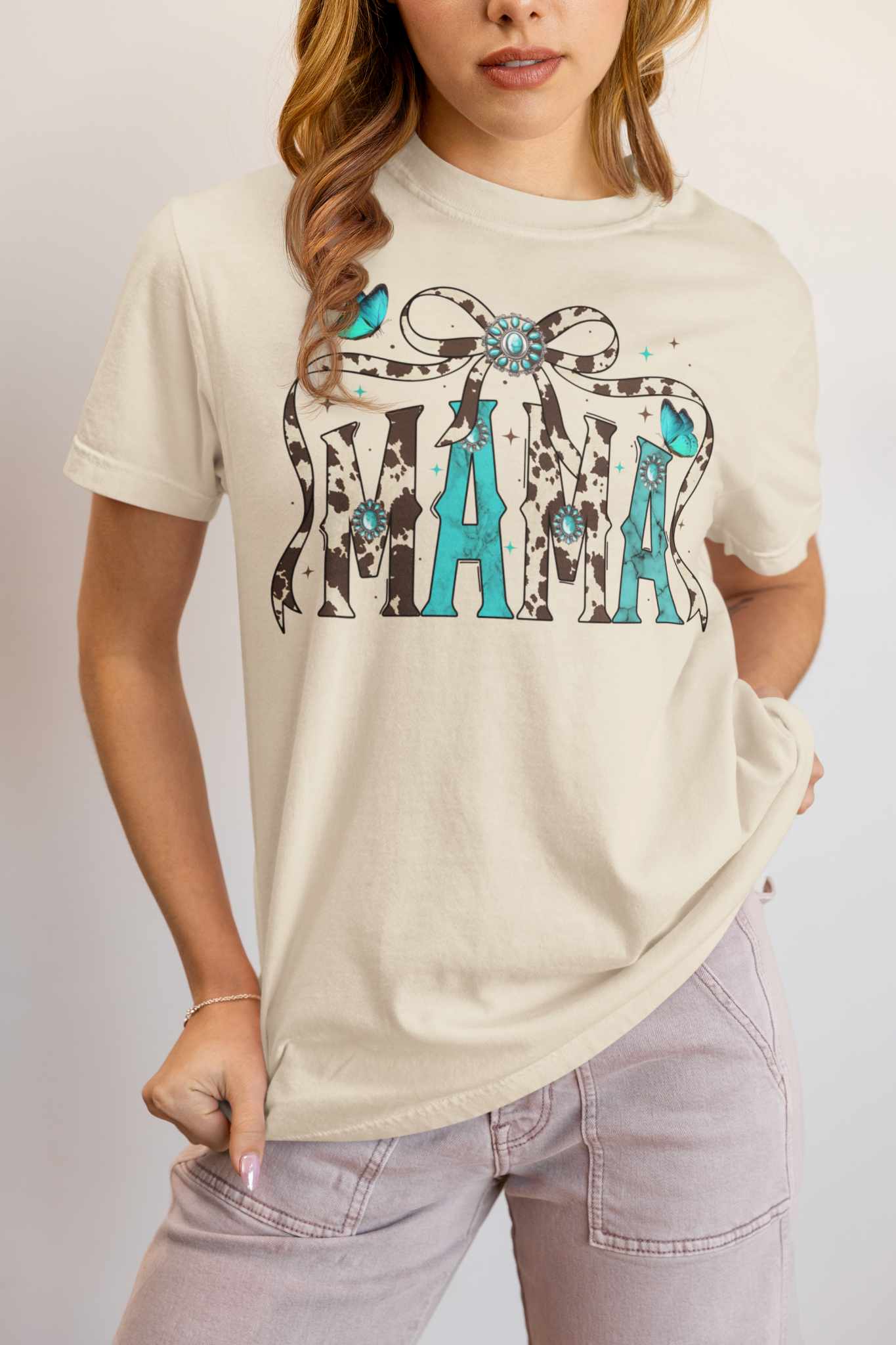 Mama Cow Print and Turquoise  Preppy Graphic Tee