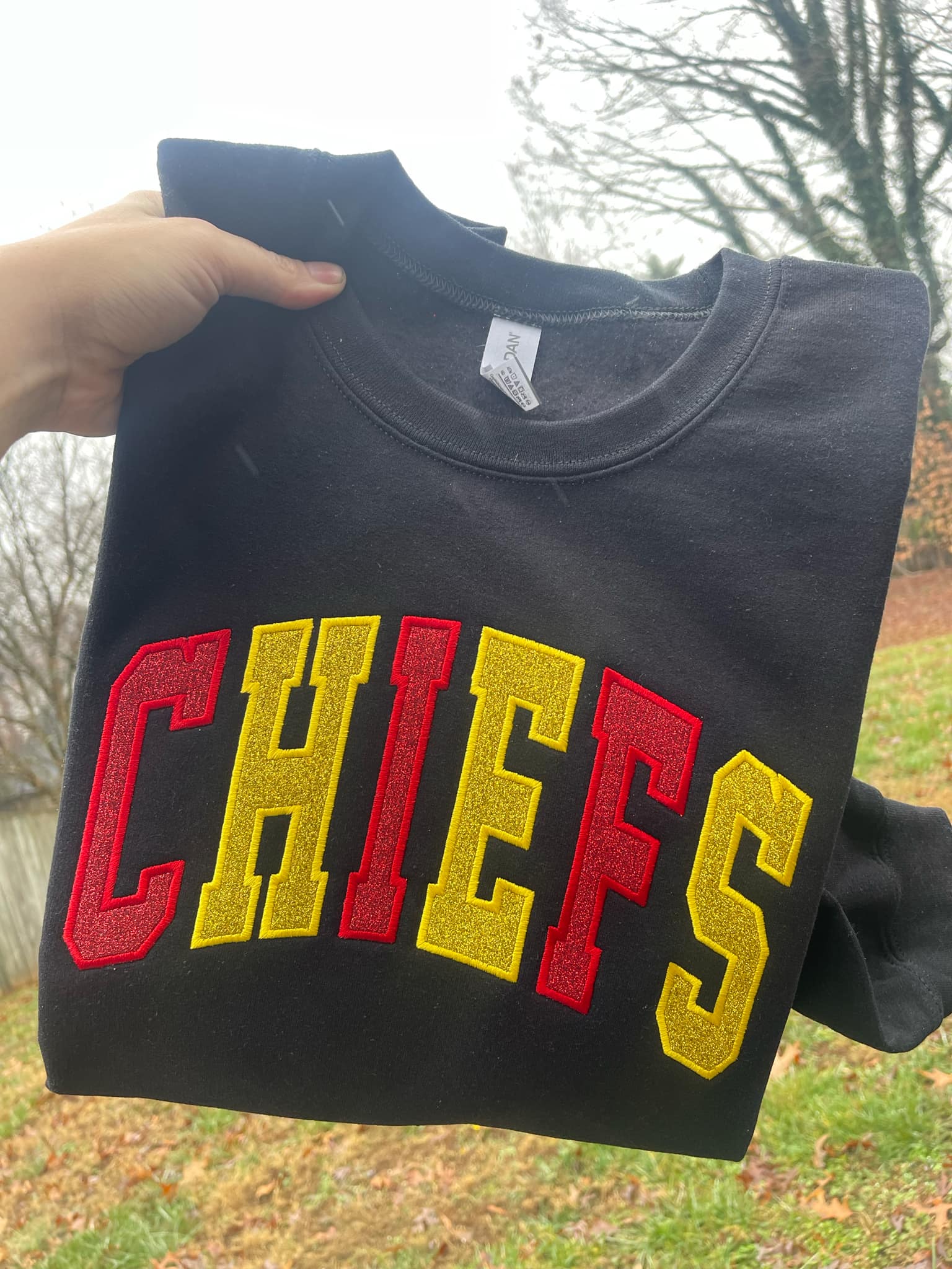 Varsity Two Color Glitter Applique with Name and Icon on Sleeve Embroidered CC Short Sleeve or Sweatshirt