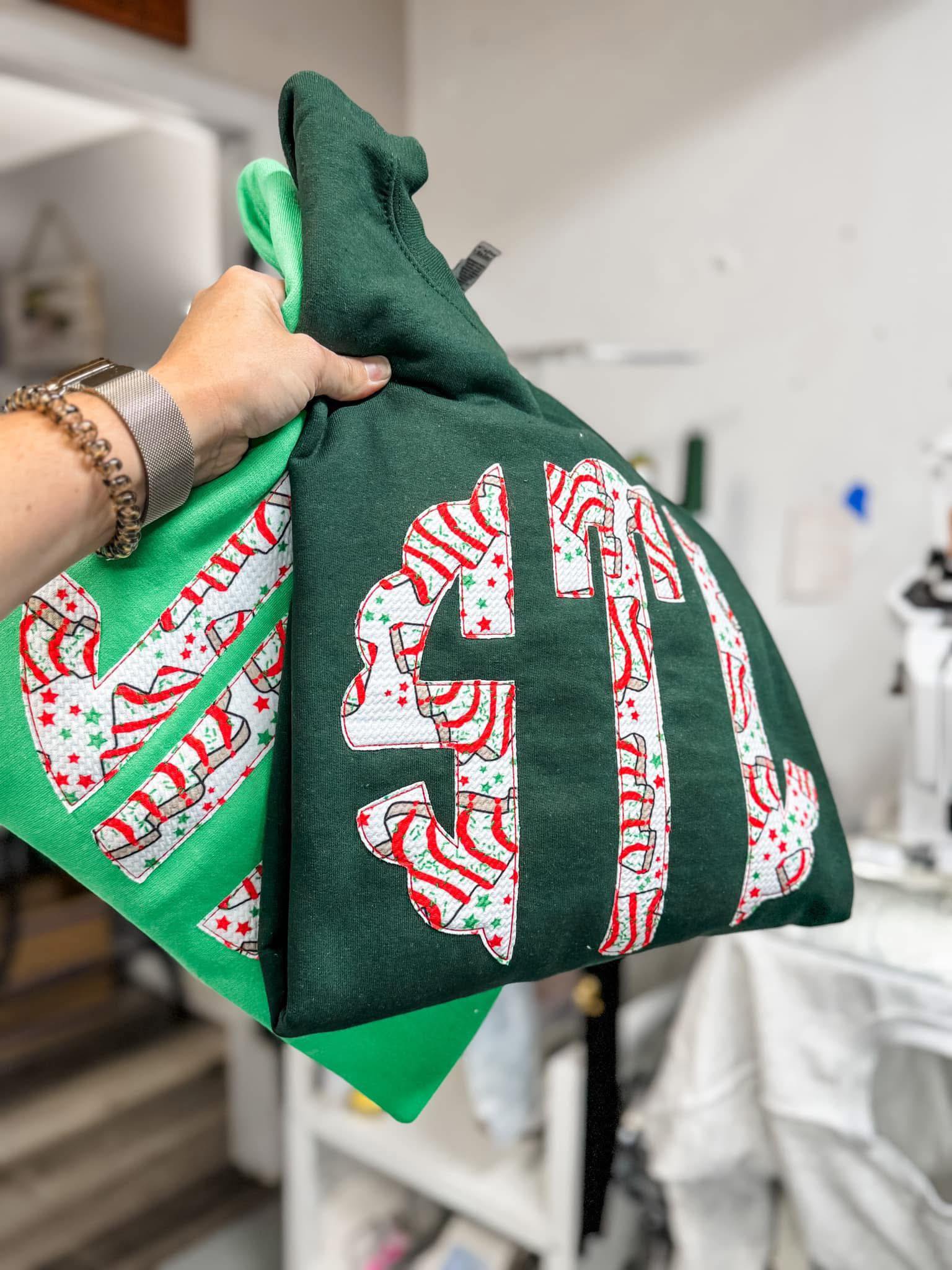 Youth Christmas Cake Scallop Circle Monogram Applique Sweatshirt