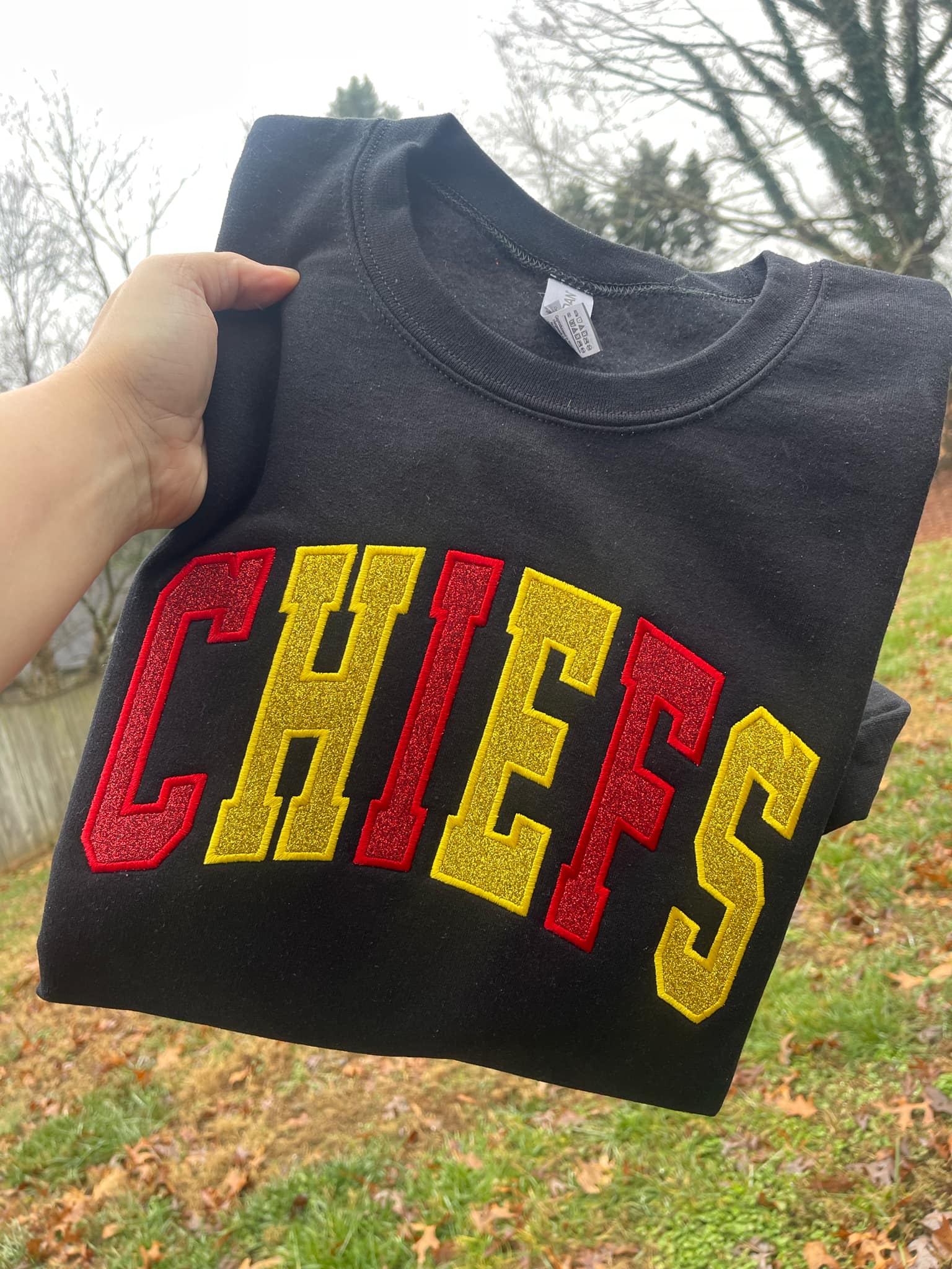 Varsity Two Color Glitter Applique with Name and Icon on Sleeve Embroidered CC Short Sleeve or Sweatshirt