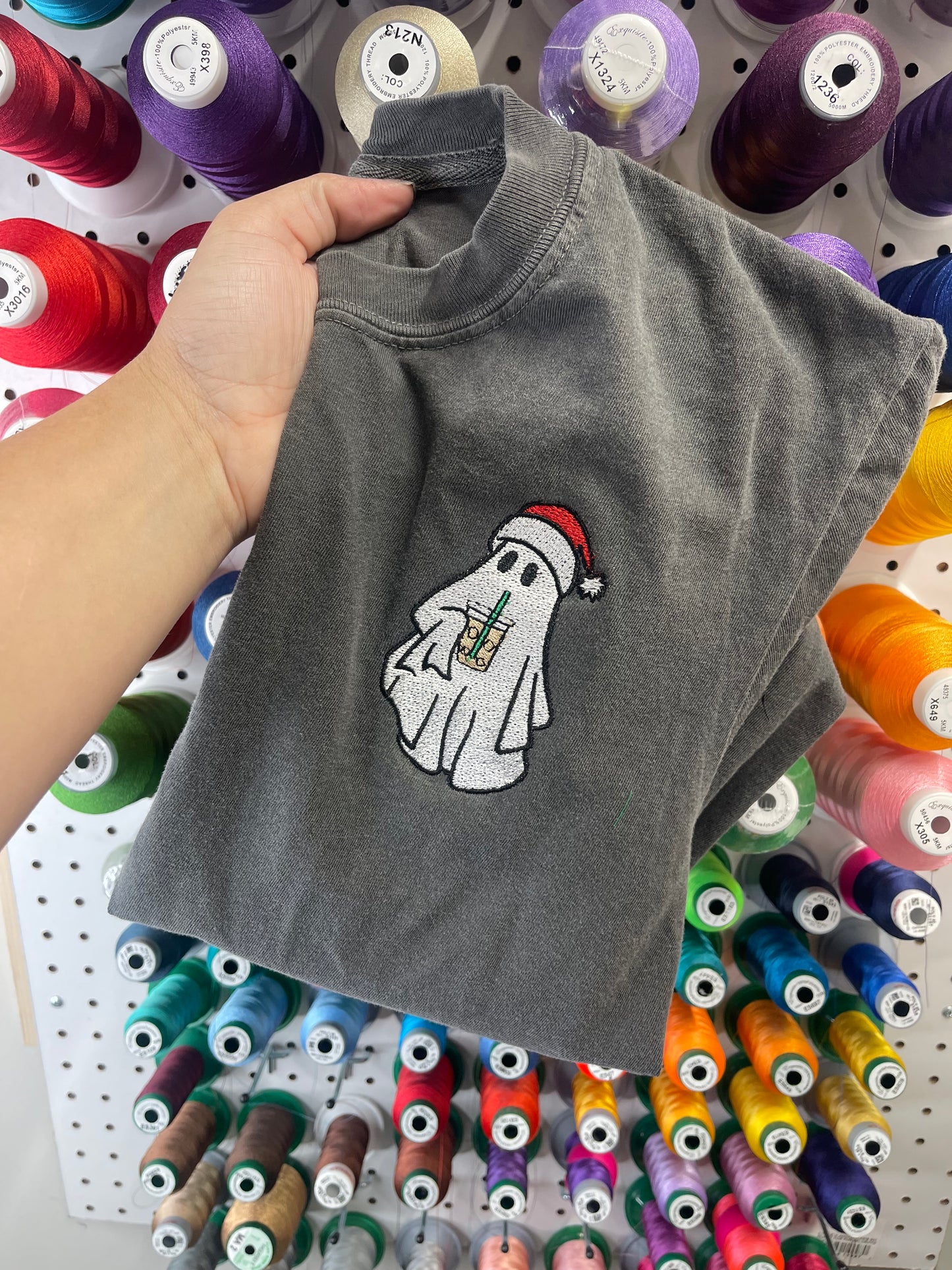 Christmas Ghost w/ Iced Coffee Embroidered Pocket Tee