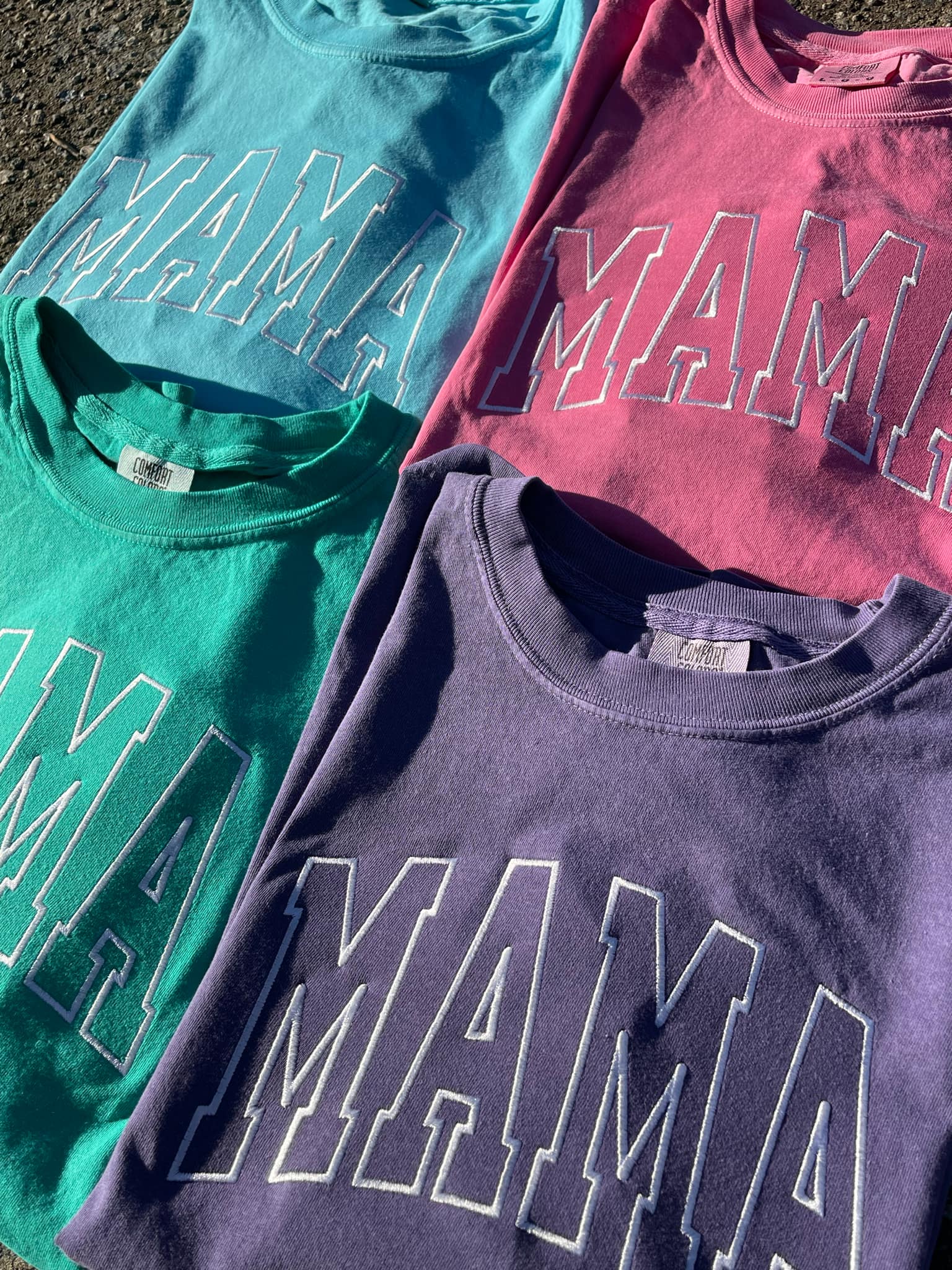 Mama Varsity Style Embroidered Comfort Color T-Shirt | QUICK SHIP