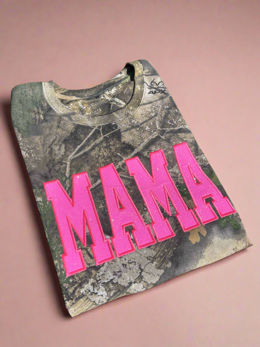 Realtree Camo Neon Pink Mama Glitter Applique Embroidered T-Shirt