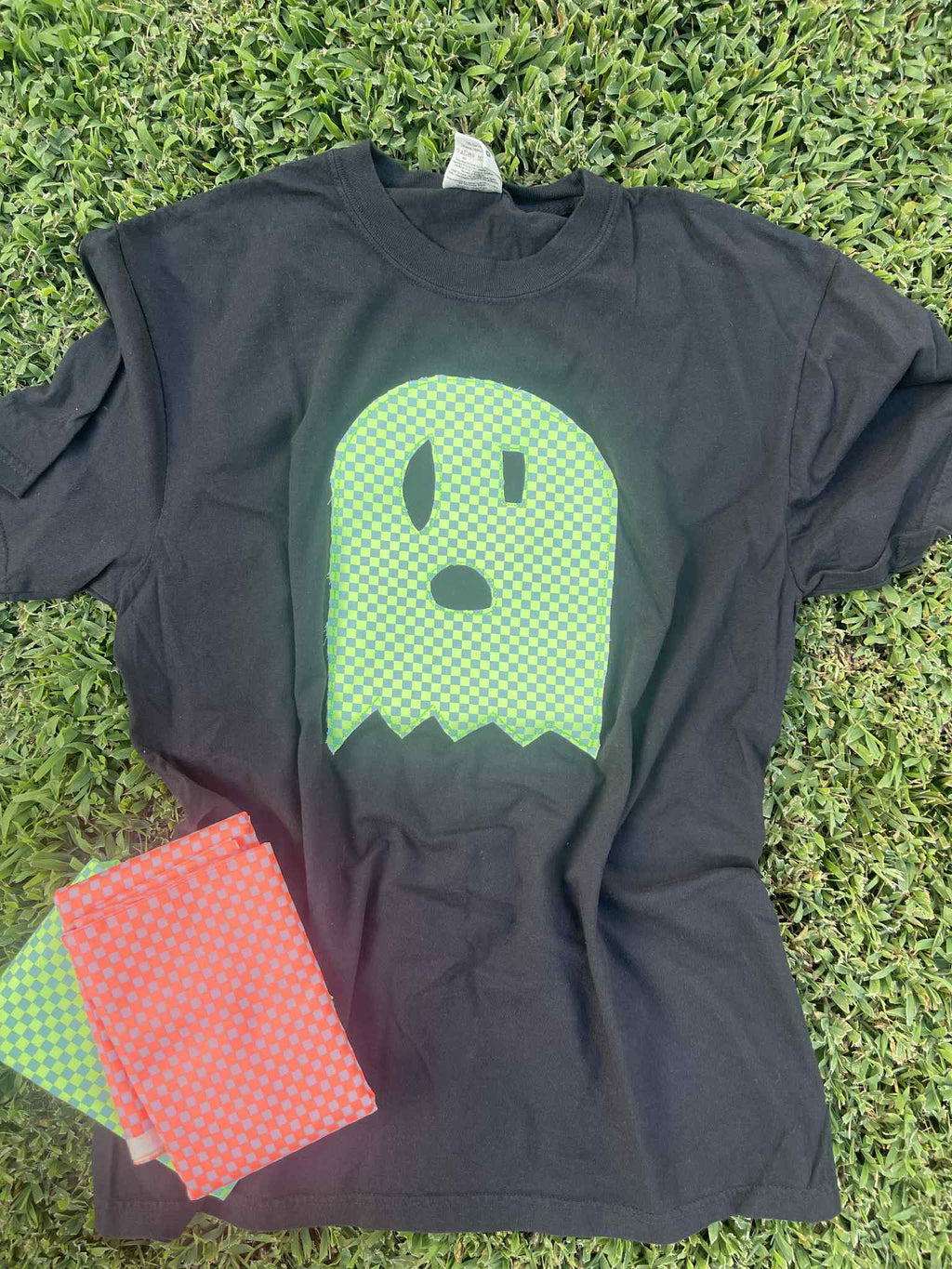 Neon Checkered Ghost Embroidered Tee