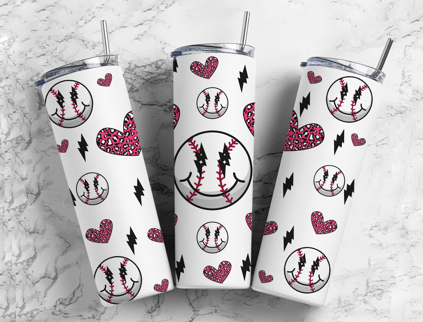 Baseball Leopard Hearts Completed 20oz Skinny Tumbler