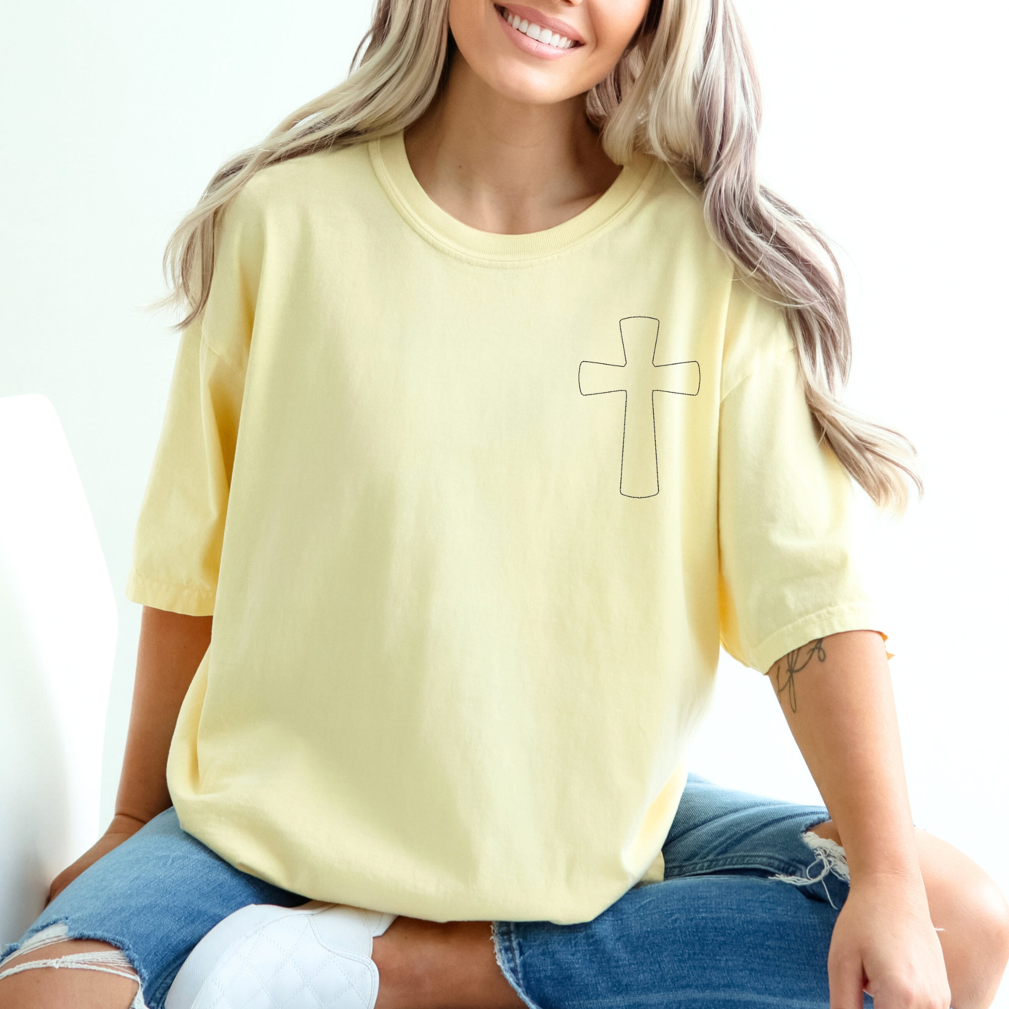 Stitched Cross Embroidered Comfort Color Tee | QUICK SHIP