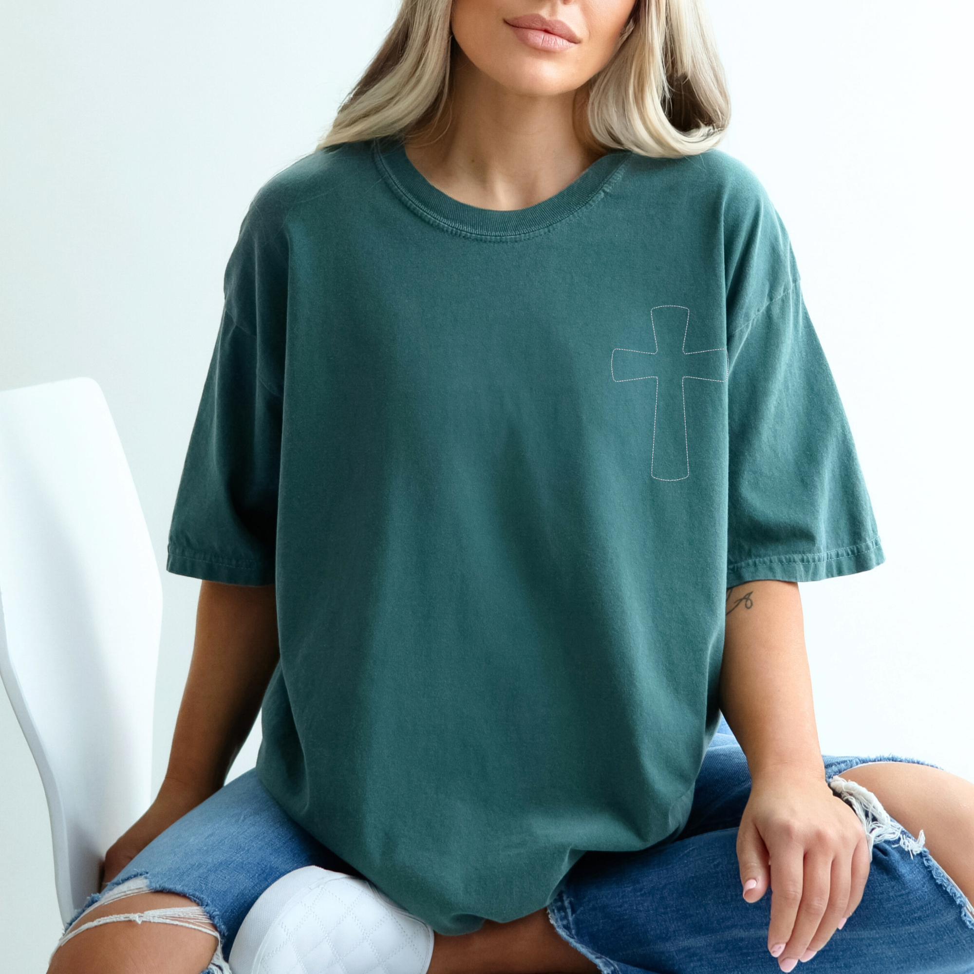 Stitched Cross Embroidered Comfort Color Tee | QUICK SHIP