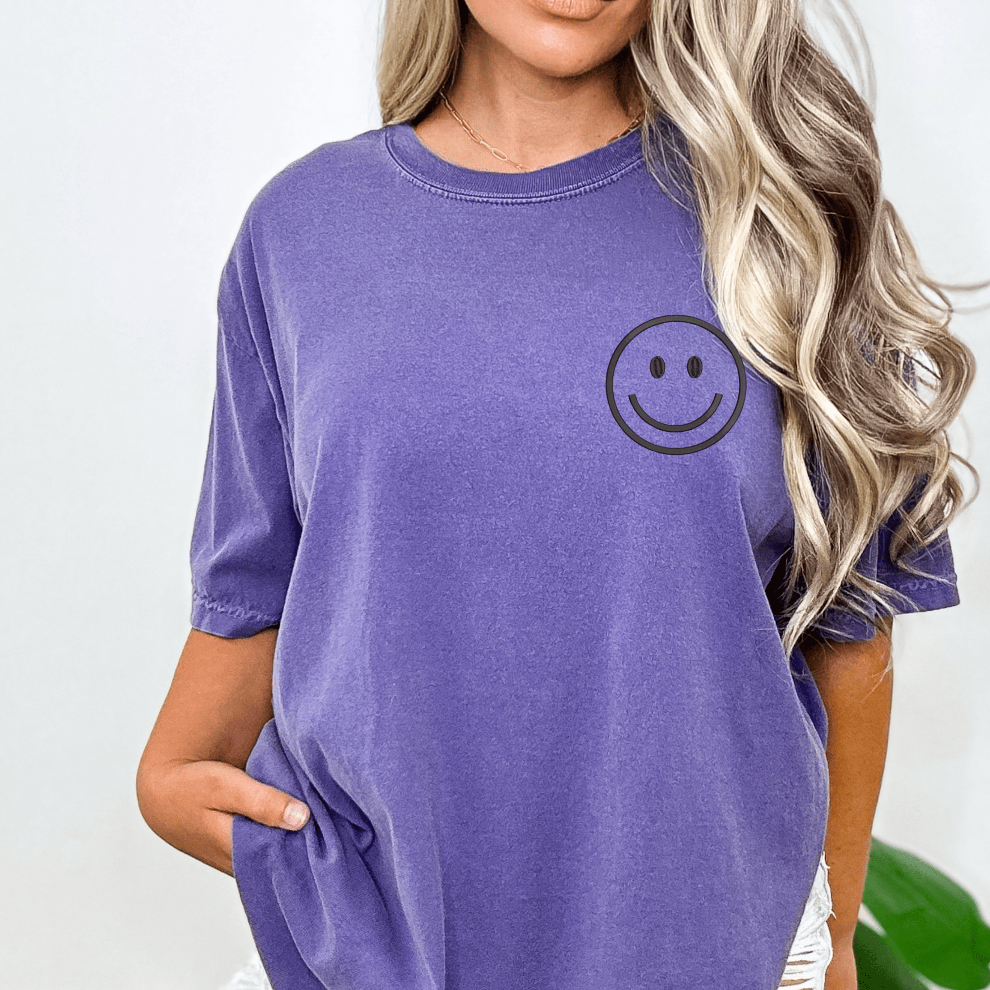 Happy Face Left Chest Embroidered Comfort Color | QUICK SHIP