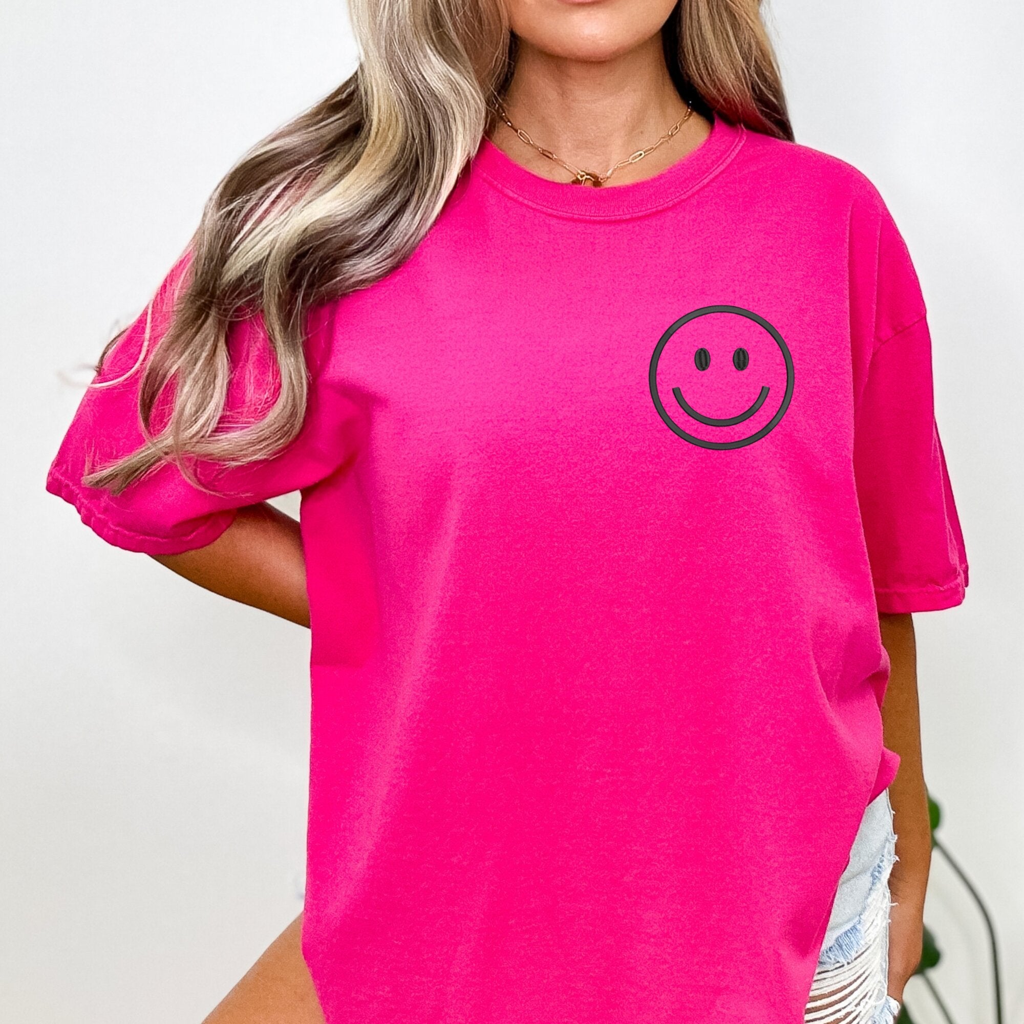 Happy Face Left Chest Embroidered Comfort Color | QUICK SHIP