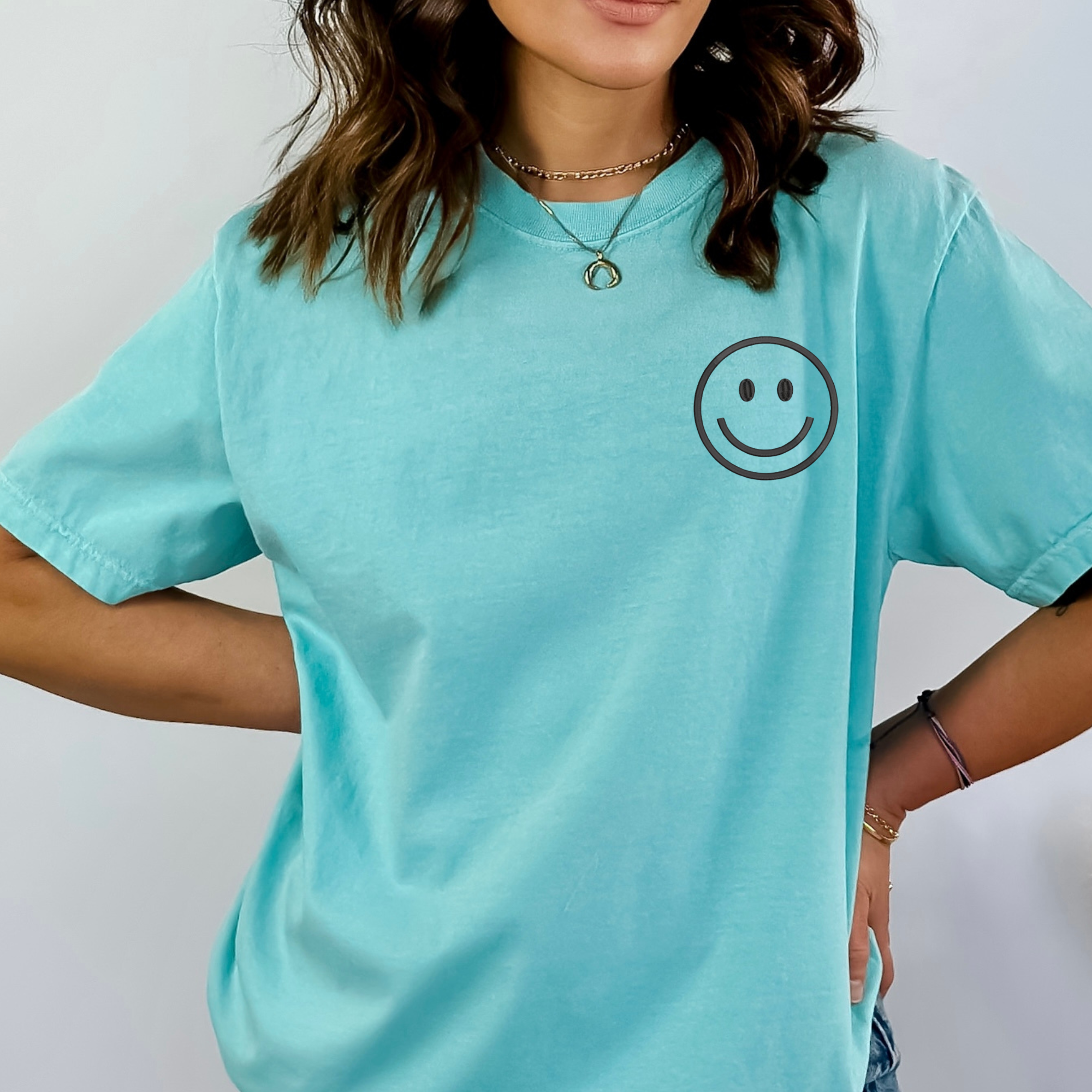 Happy Face Left Chest Embroidered Comfort Color | QUICK SHIP