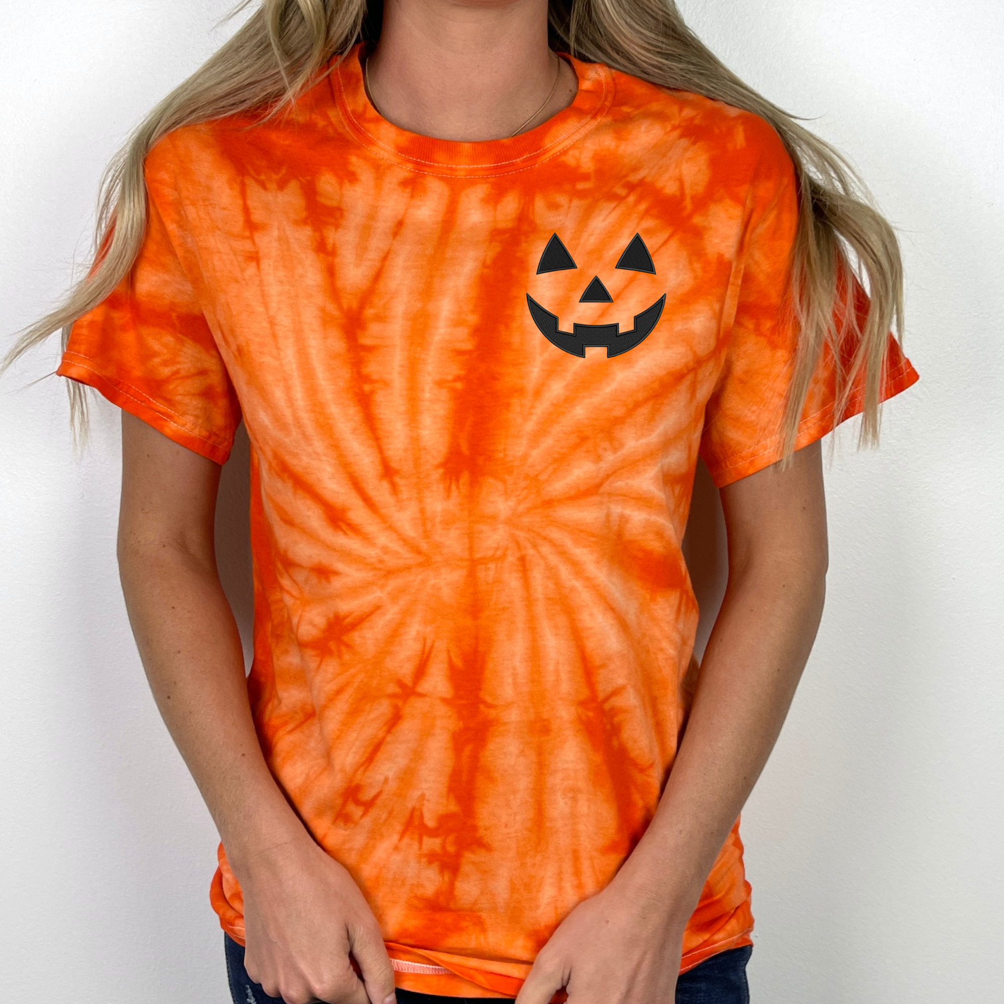 Pumpkin Face Left Chest Embroidered Tie Dye T-Shirt - QUICK SHIP