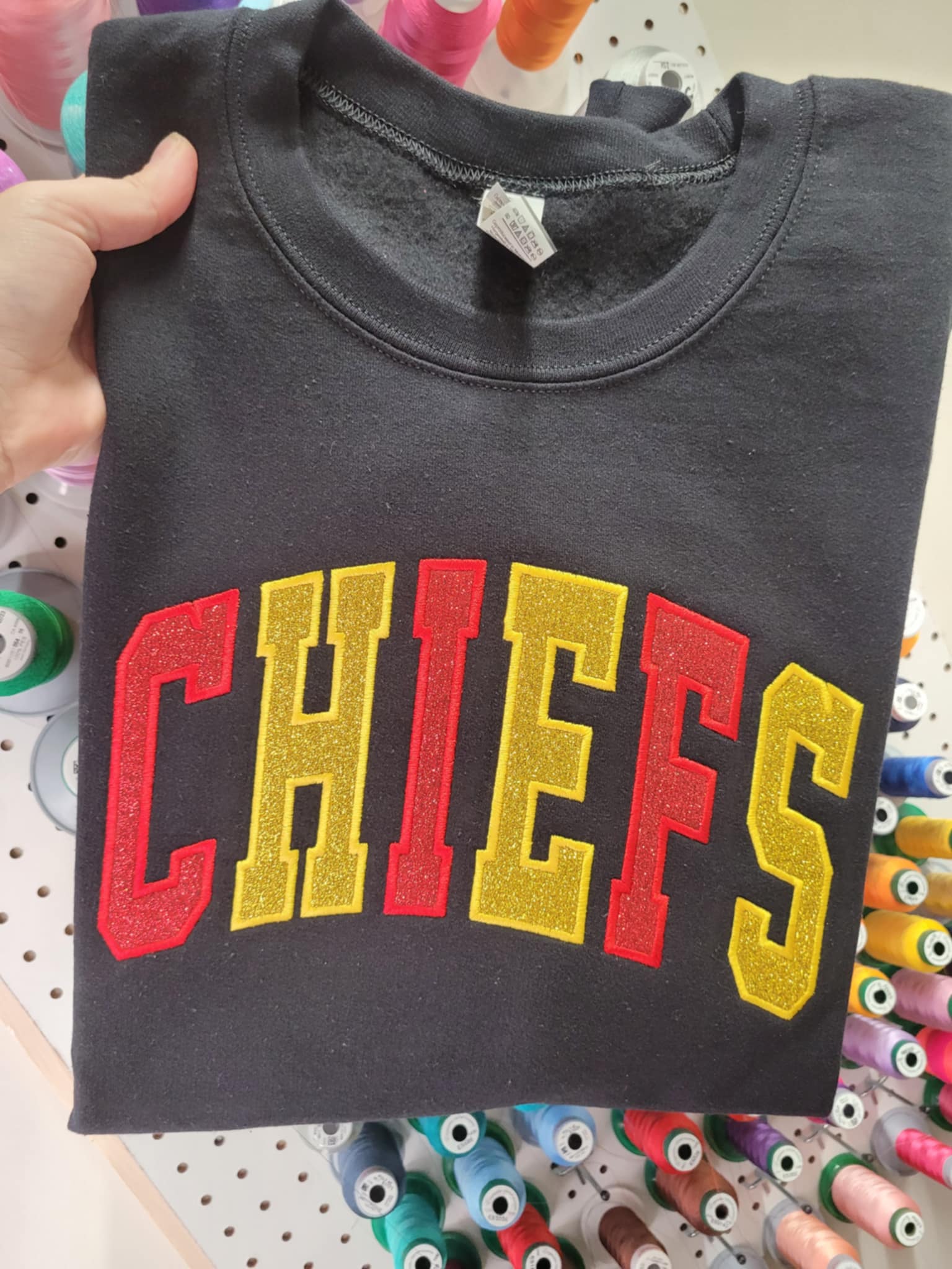 Varsity Two Color Glitter Applique with Name and Icon on Sleeve Embroidered CC Short Sleeve or Sweatshirt