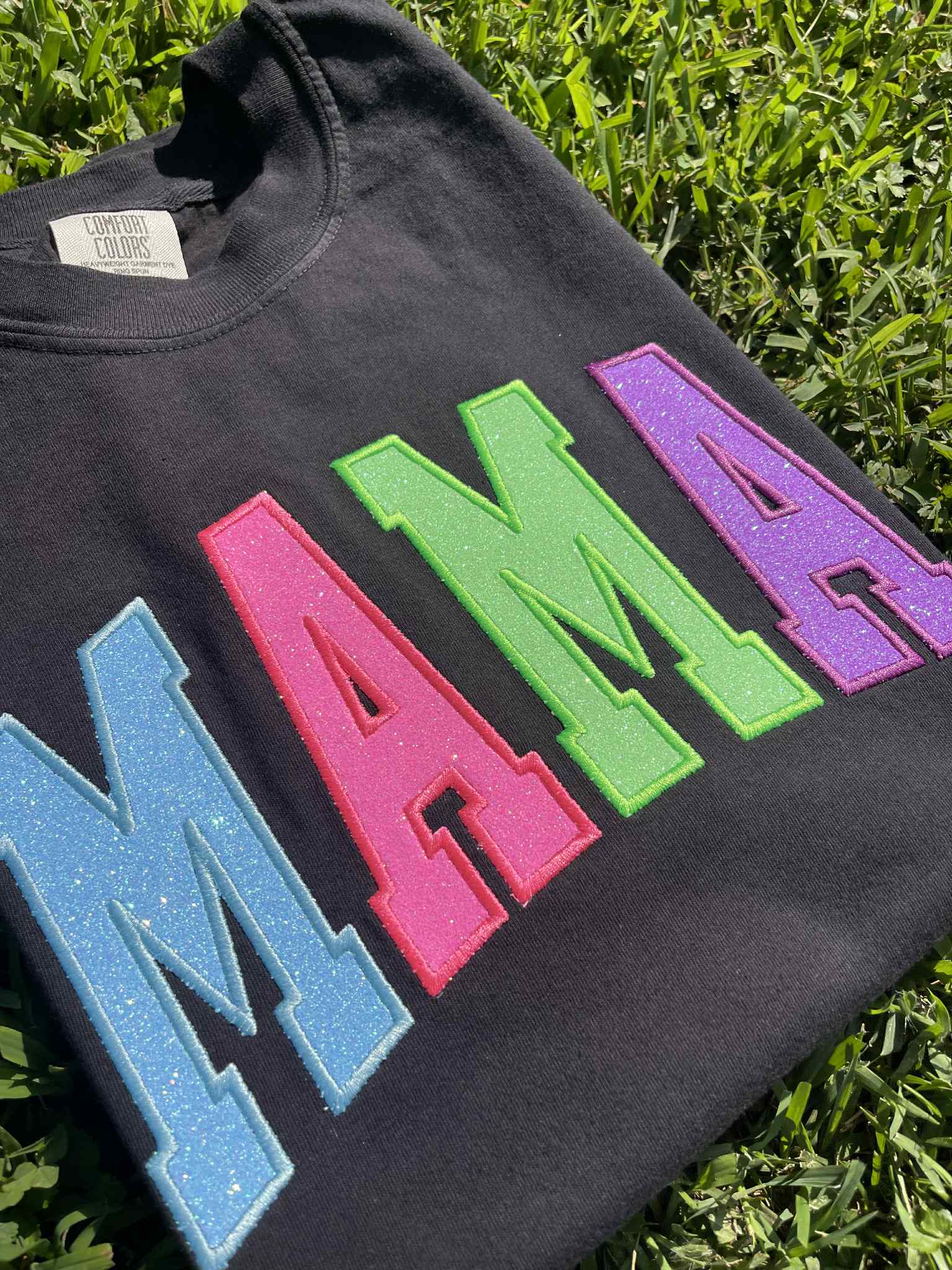 Mama Varsity Multicolor Neon Glitter Applique Embroidered Shirt