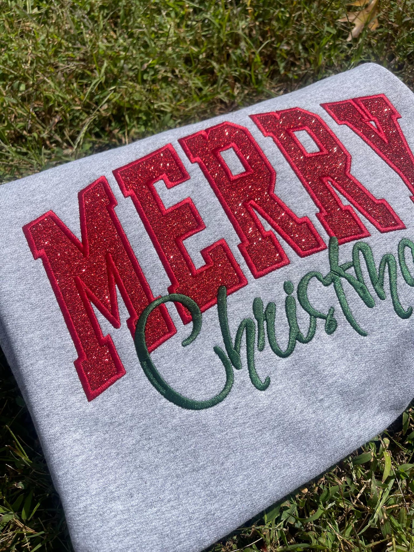 Merry Christmas Glitter Applique w/ Icon and Optional Side Bows Embroidered Sweatshirt