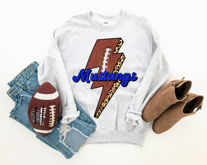 Mustangs Blue Football Lightning Bolt Graphic Tee