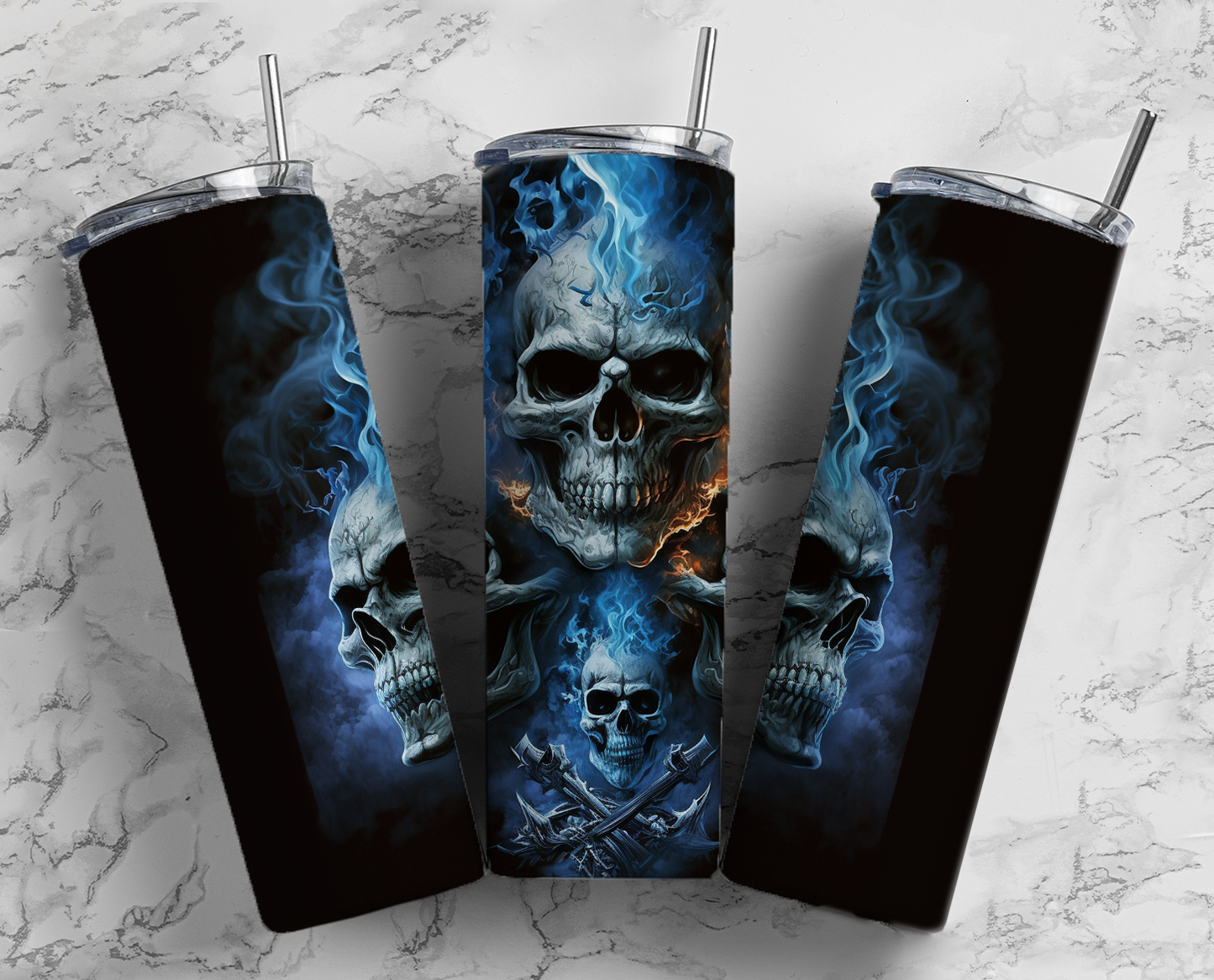 Blue Flame Skulls Completed 20oz Skinny Tumbler