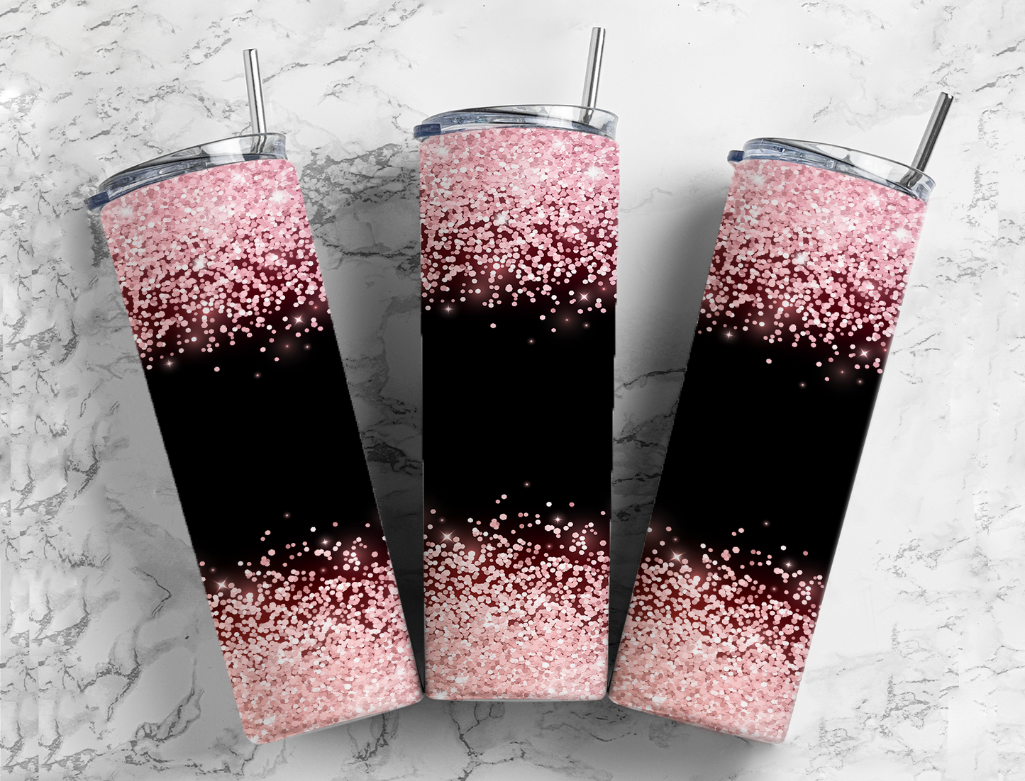 Pink Faux Glitter Over Black Completed 20oz Skinny Tumbler