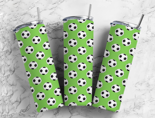 Green Background Soccer Print Completed 20oz Skinny Tumbler