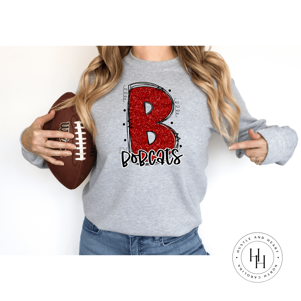 Bobcats Red Glitter Varsity Doodle Unisex Tee