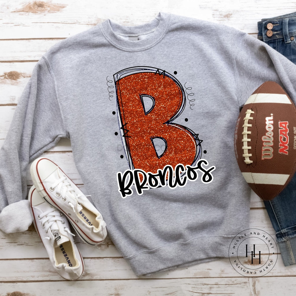 Broncos Orange/navy Glitter Varsity Doodle Unisex Tee