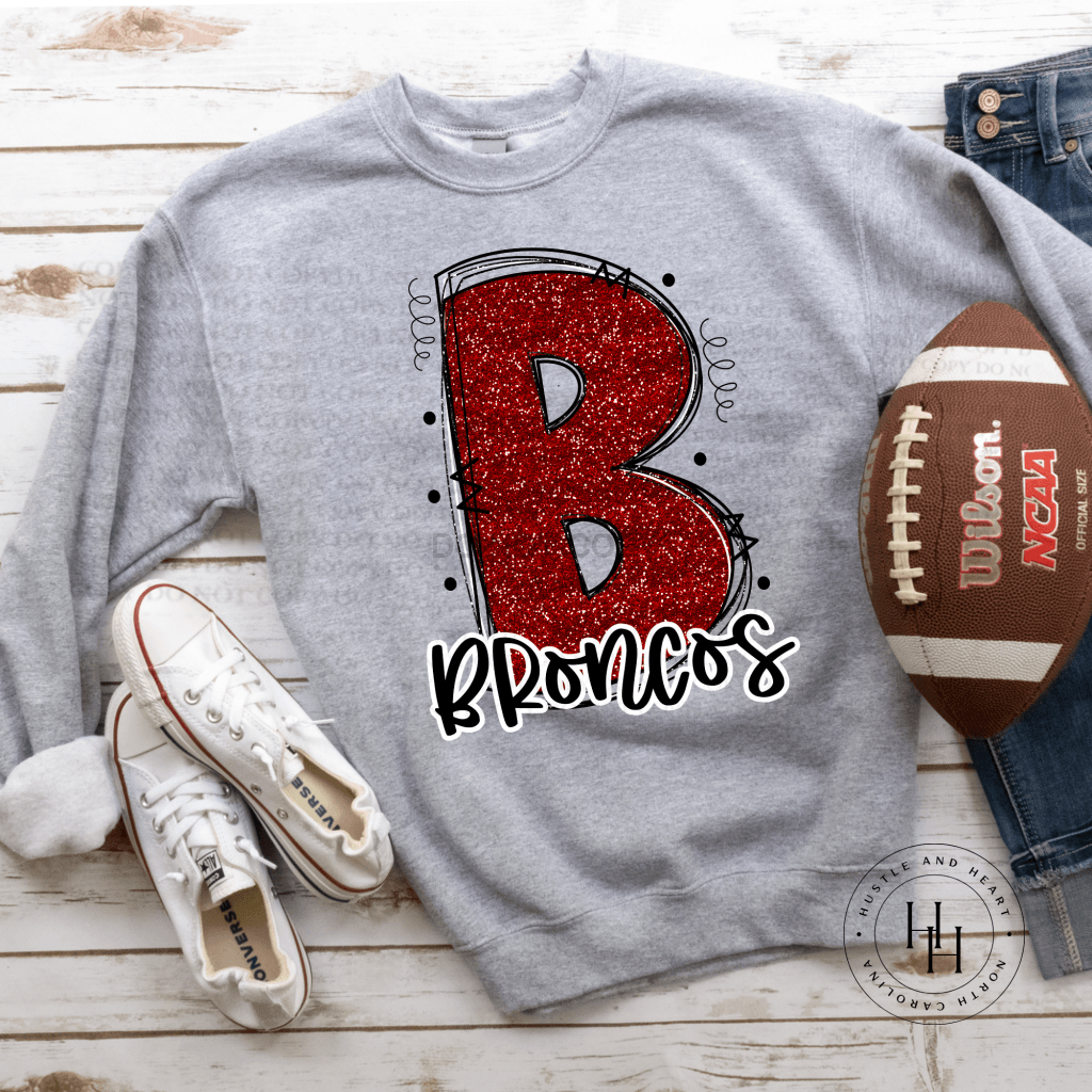 Broncos Red Glitter Varsity Doodle Unisex Tee