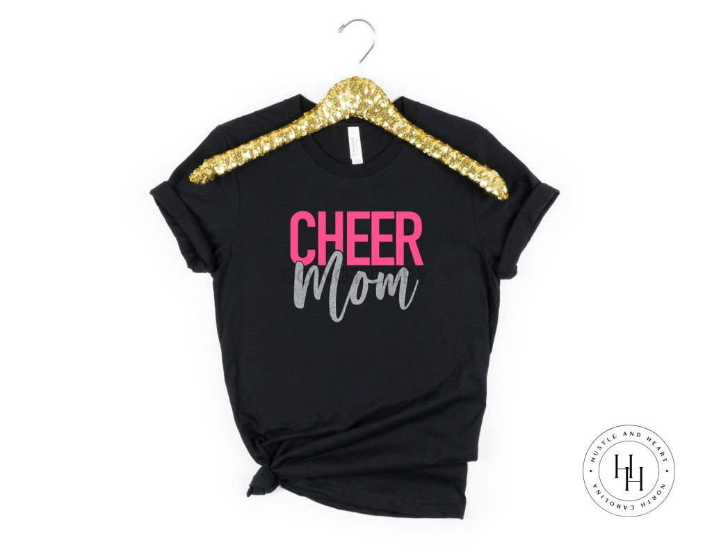 Cheer Mom Bright Blue/hot Pink And Silver Faux Glitter Graphic Tee Shirt