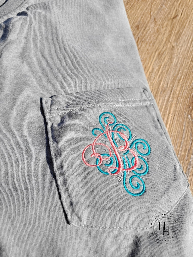 Comfort Color Swirly Fancy Single Letter Monogram Pocket Tee Embroidered