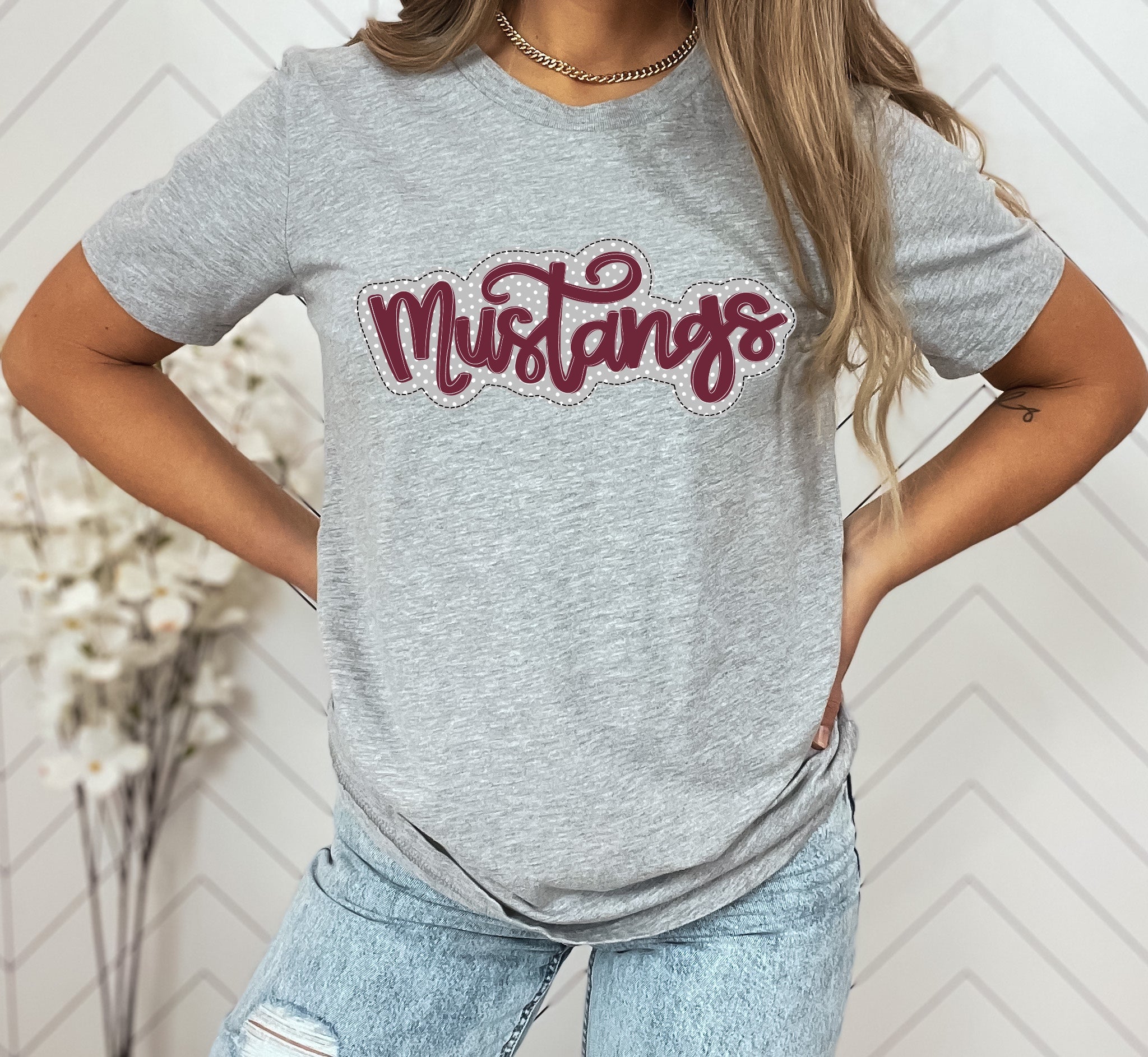 Mustangs Maroon/Grey Faux Applique Graphic Tee