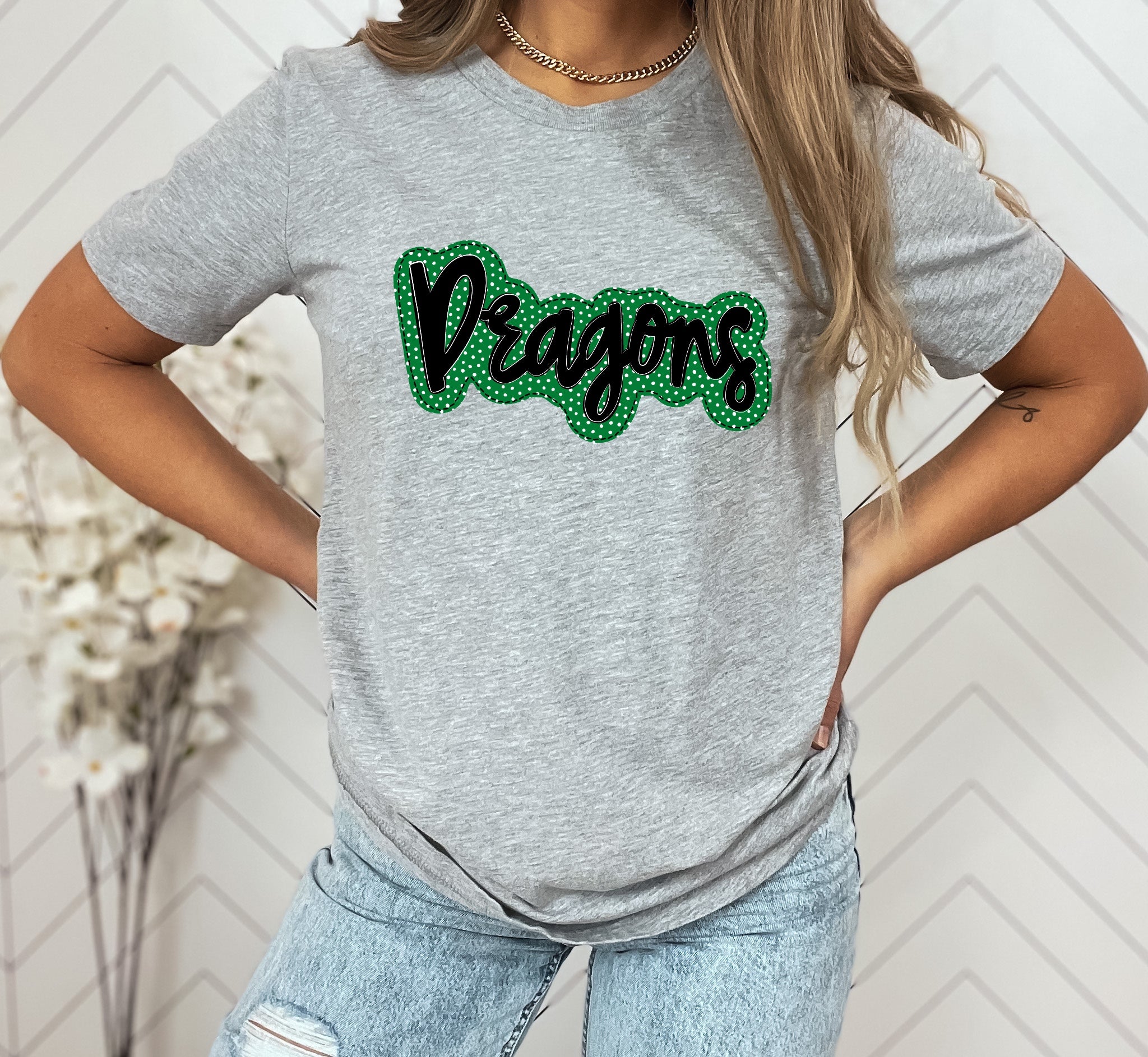Dragons Green/Black Faux Applique Graphic Tee