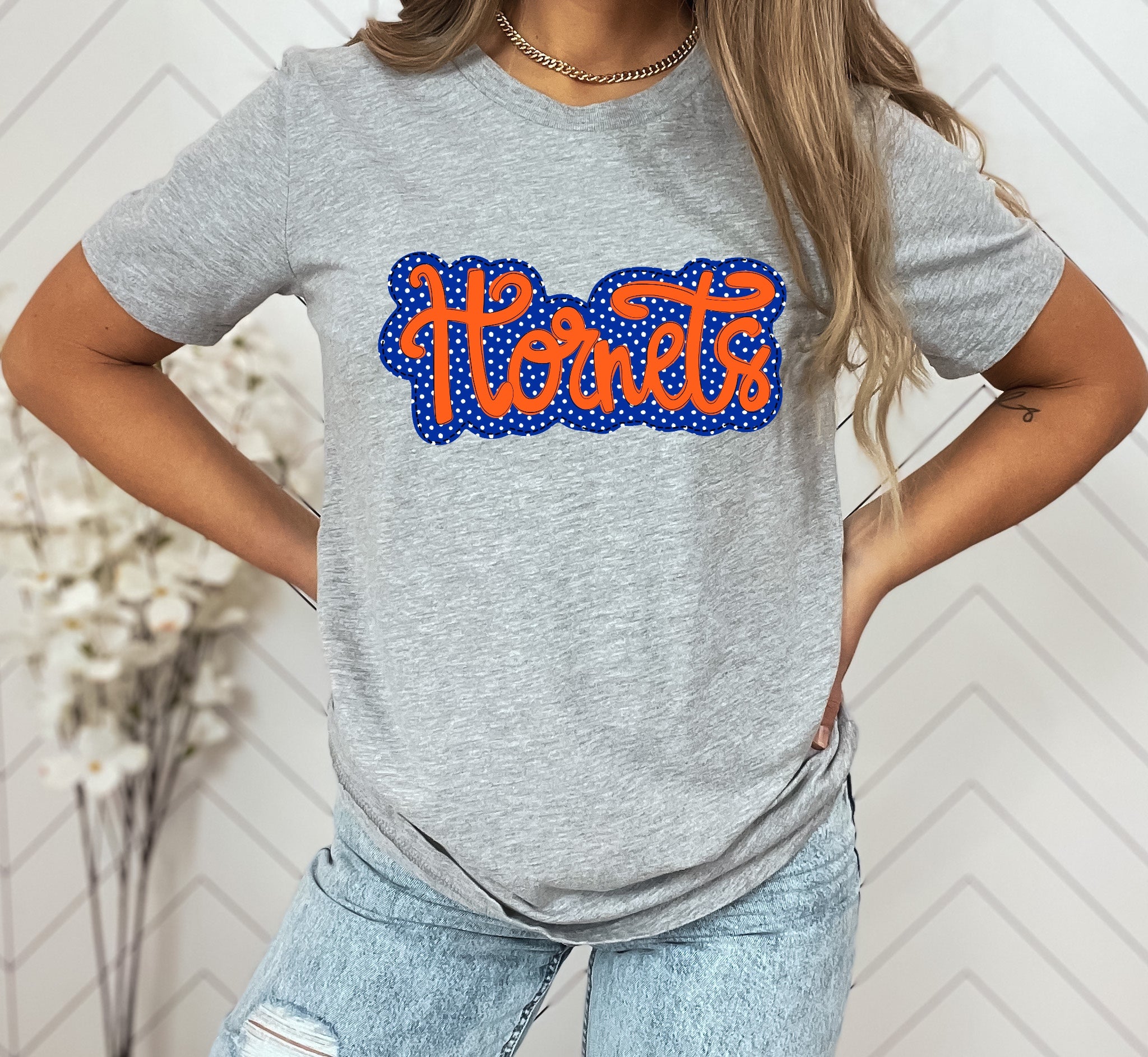 Hornets Orange/Blue Faux Applique Graphic Tee
