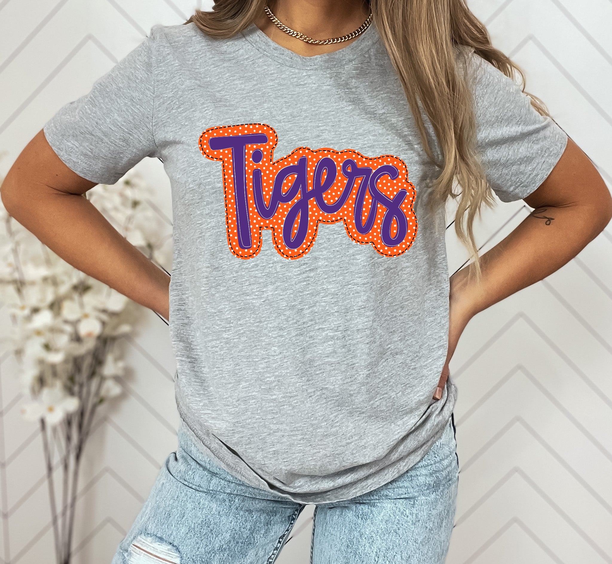 Tigers Orange/Purple Faux Applique Graphic Tee