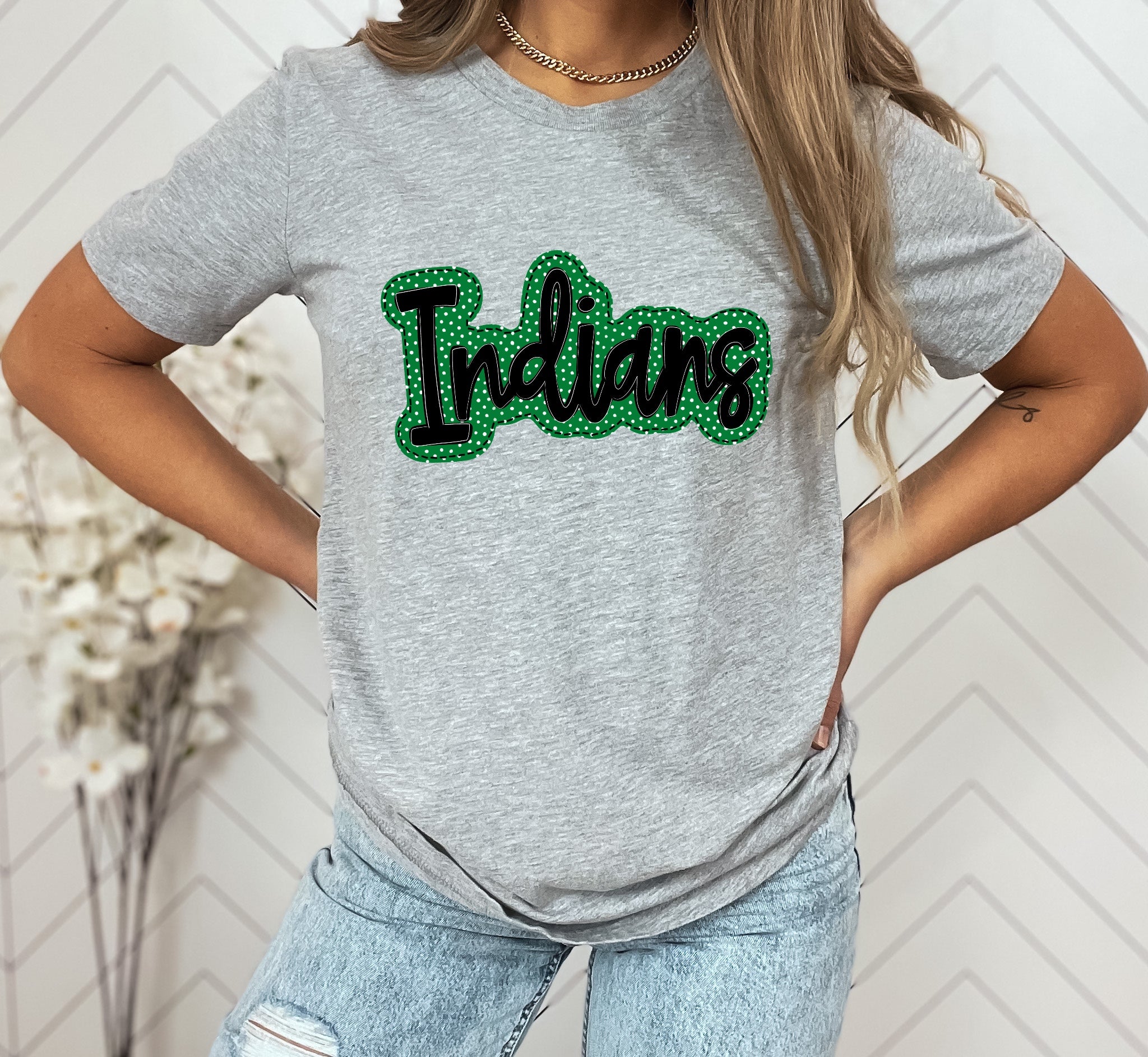 Indians Green/Black Faux Applique Graphic Tee