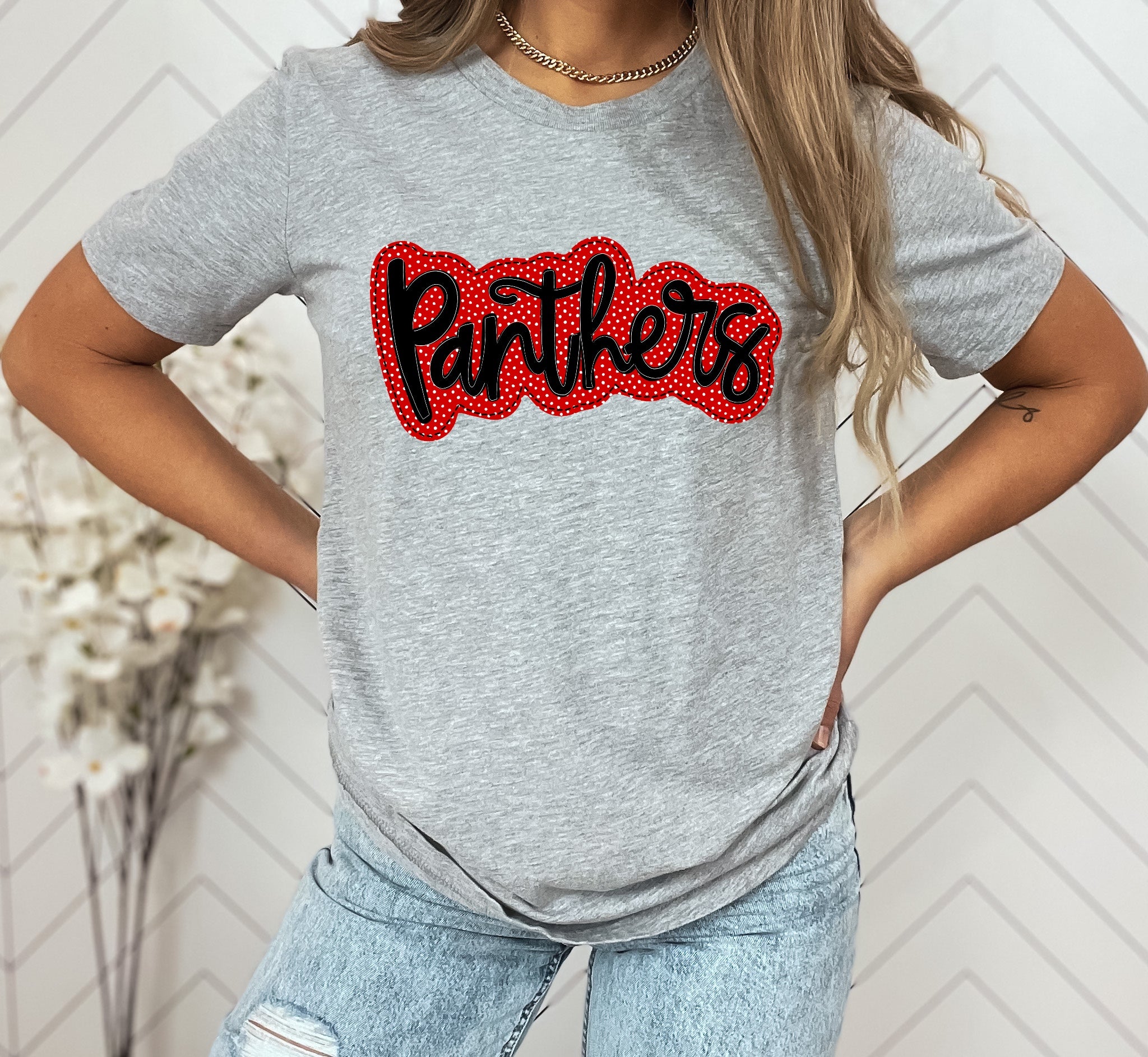 Panthers Red/Black Faux Applique Graphic Tee