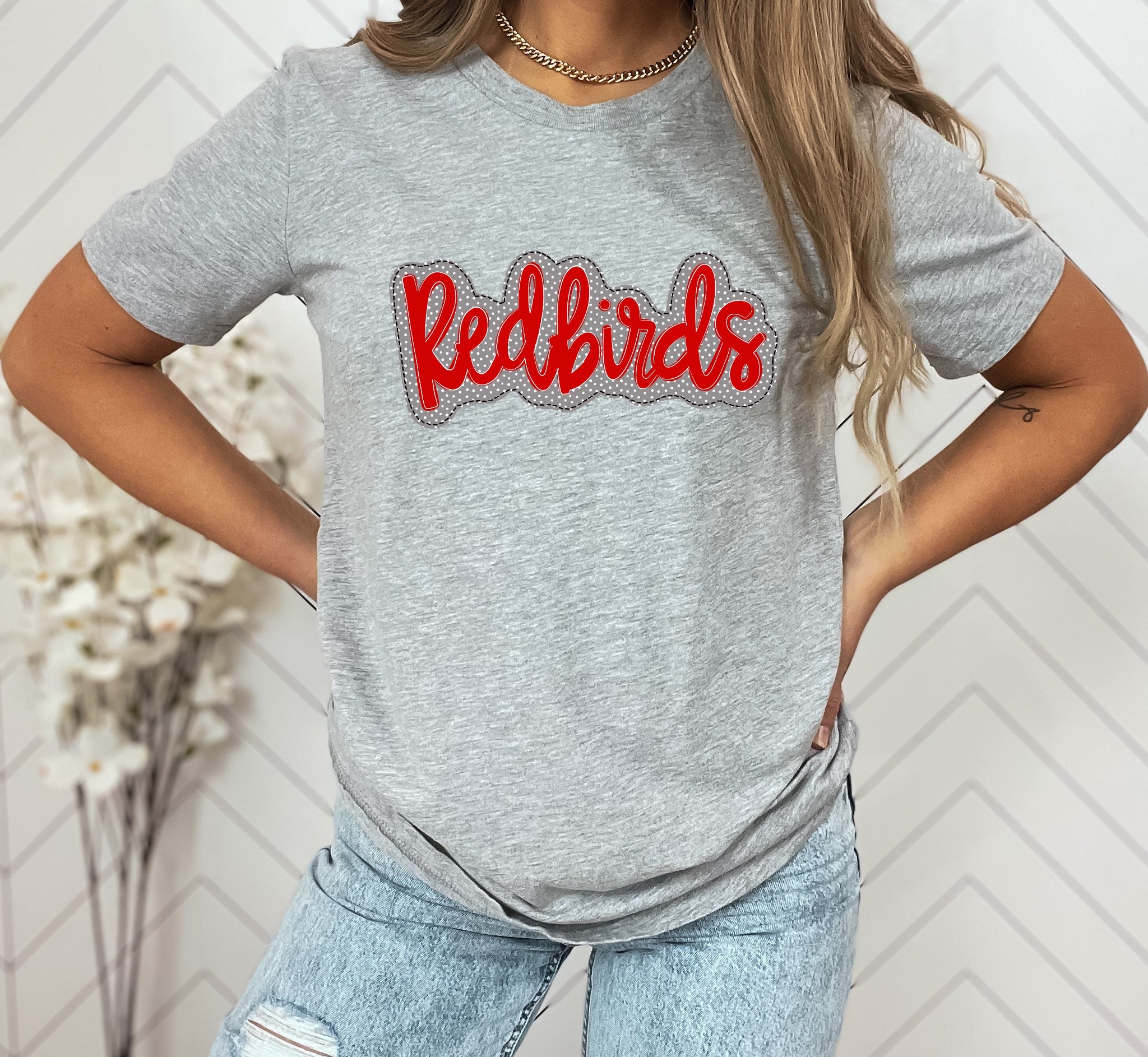 Redbirds Faux Applique Graphic Tee