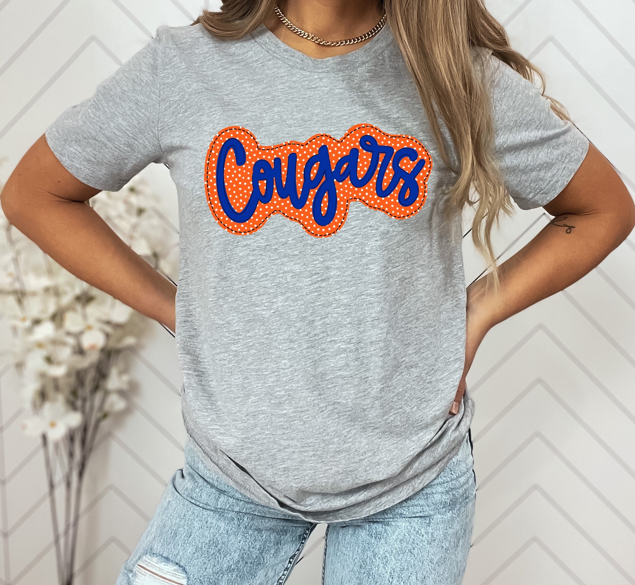 Cougars Orange/Royal Blue Faux Applique Graphic Tee