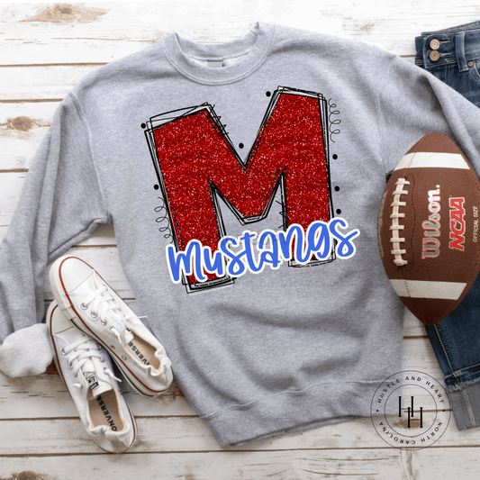 Mustangs Red Glitter Varsity Doodle Graphic Tee Unisex Tee