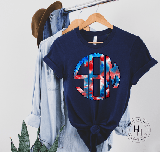 Red White Blue Tie Dye Monogram Graphic Tee Shirt