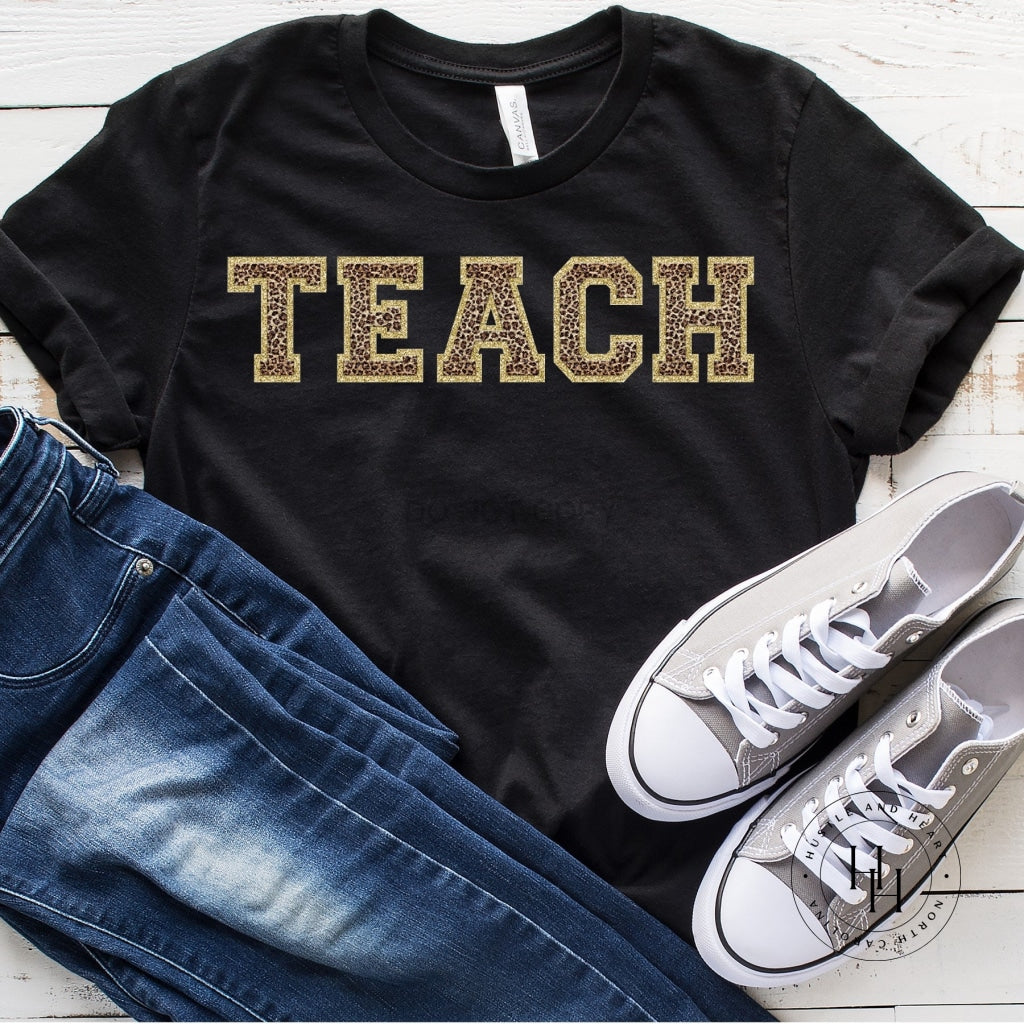 Teach Leopard Faux Chenille Letters Graphic Tee