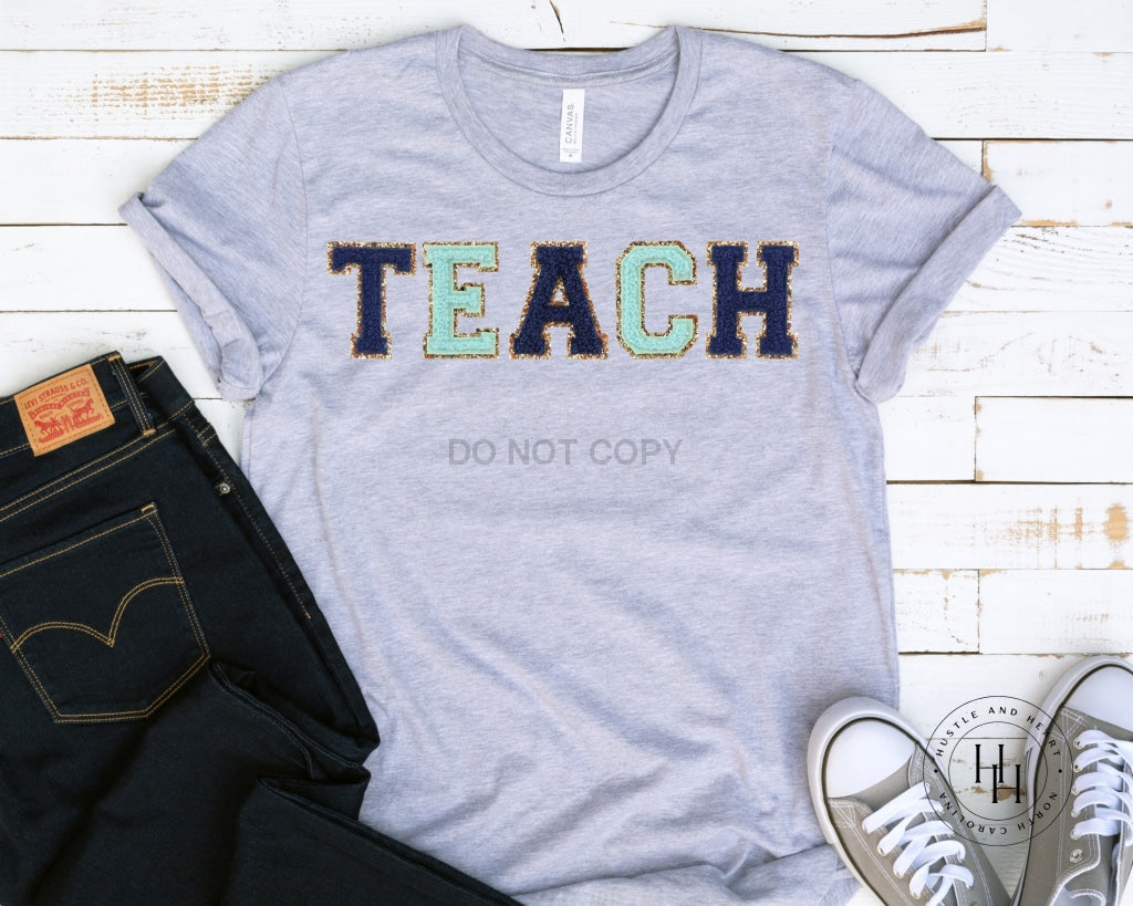 Teach Navy Faux Chenille Letters Graphic Tee